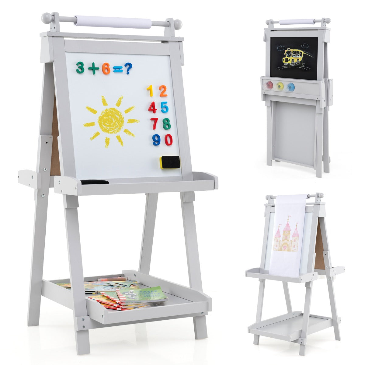 Caballete de Arte Dobrável de Dupla Face 3 em 1 com Quadro e Rolo de Papel Substituível 3 Copos Bandejas para Crianças com Mais de 3 Anos Cinzento