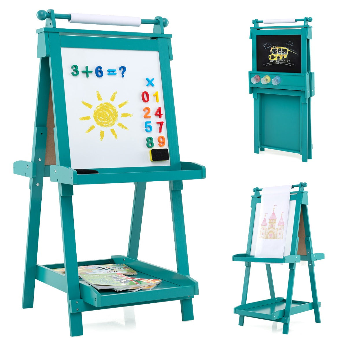 Caballete de Arte Dobrável de Dupla Face 3 em 1 com Quadro-Negro e Rolo de Papel Substituível 3 Copos Bandejas para Crianças com Mais de 3 Anos Verde