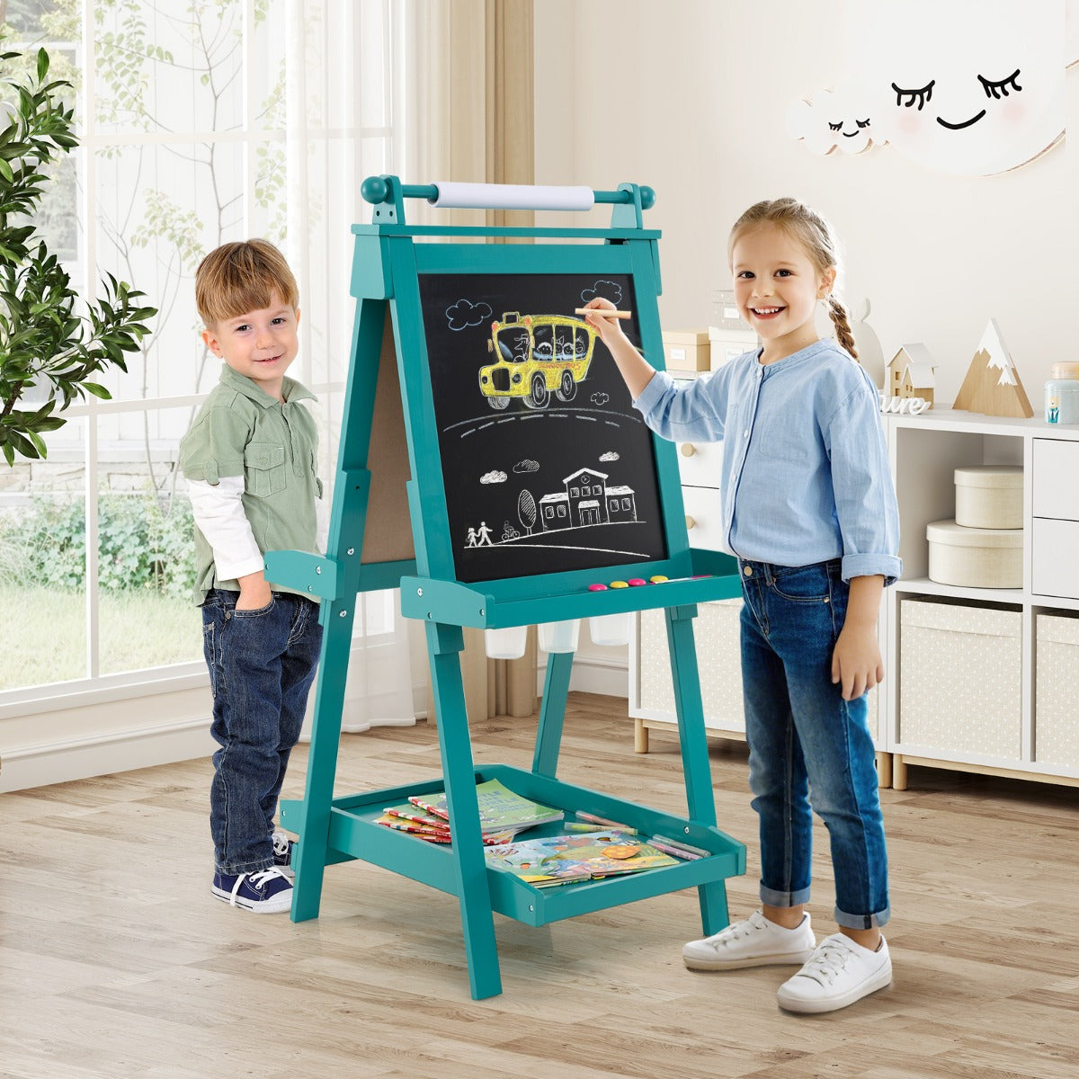 Caballete de Arte Dobrável de Dupla Face 3 em 1 com Quadro-Negro e Rolo de Papel Substituível 3 Copos Bandejas para Crianças com Mais de 3 Anos Verde