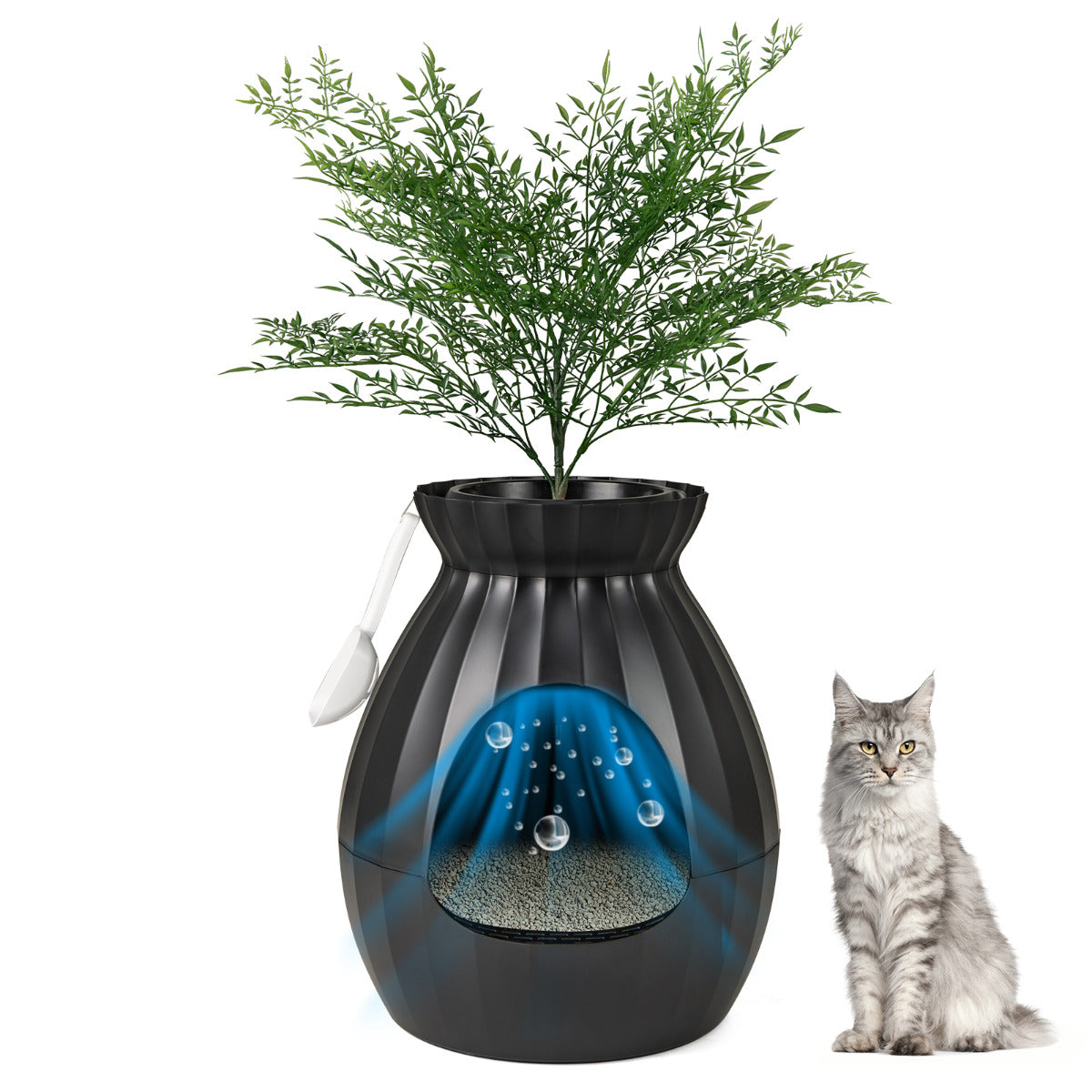 Caixa de Areia para Gatos Oculta com Planta Artificial Sintética, Eliminação Eletrónica de Odores e Esterilização 50 x 50 x 59 cm Preto