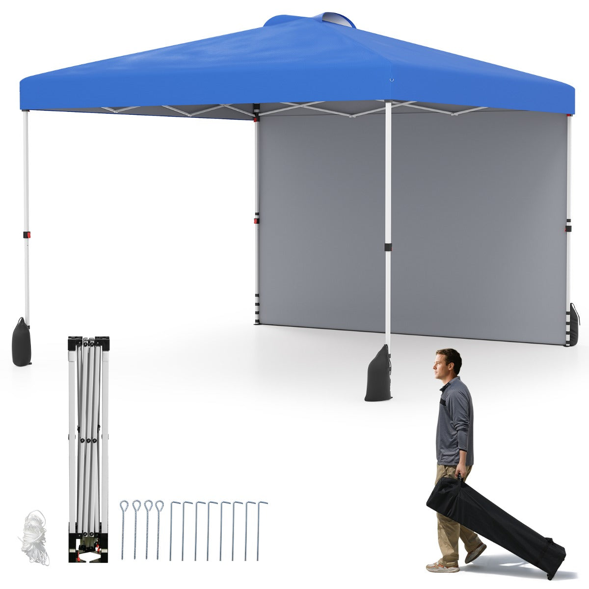 Tenda Emergente com 1 Paredes Laterais Bolsa com Rodas 8 Estacas 4 Ancoragens 4 Cordas de Vento 4 Sacos de Areia Tampa Ventilada 3 x 3 m Azul