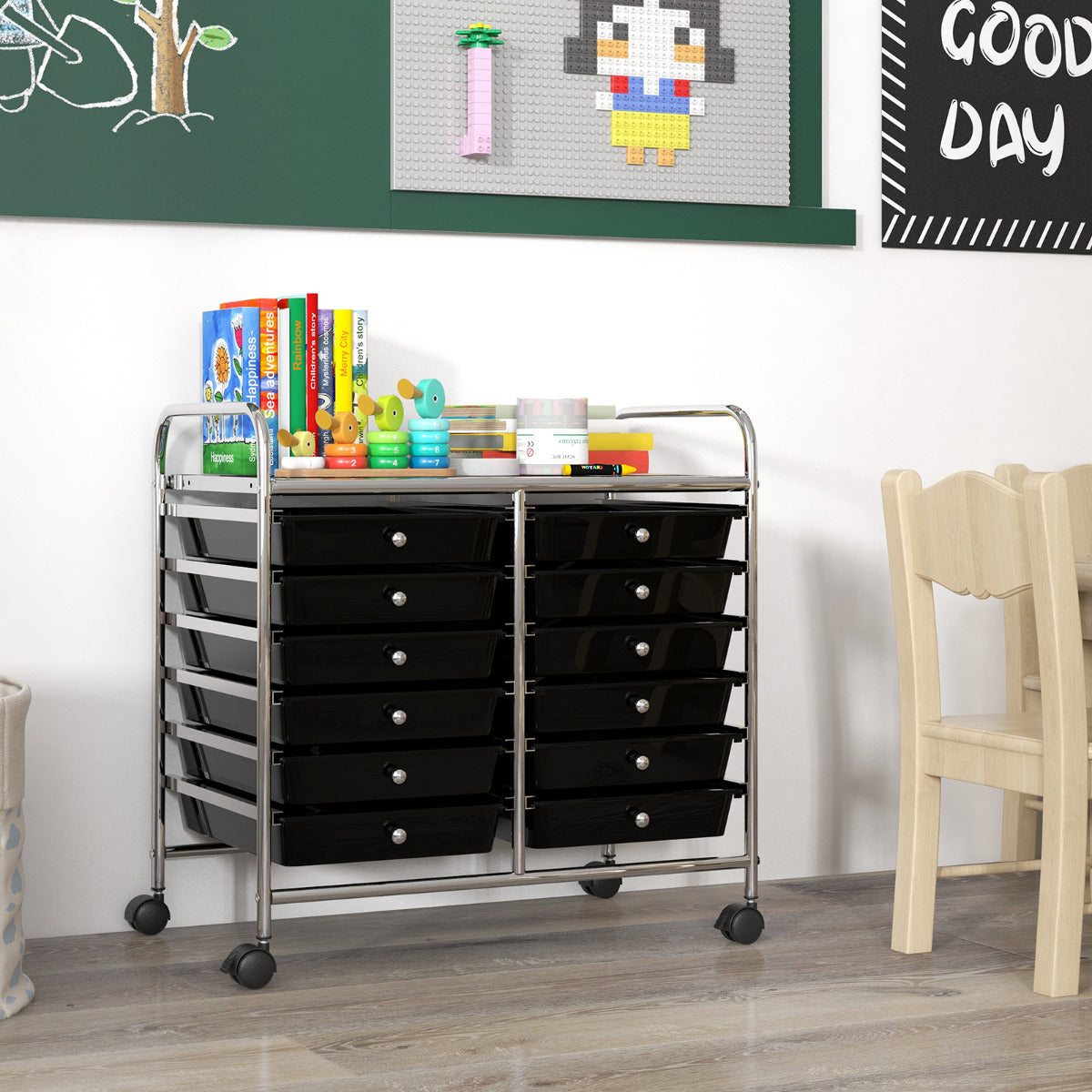 Carrinho Auxiliar com Rodas Carrinho de Armazenamento com 12 Gavetas Amovíveis Organizador com Pegas para Cozinha 64 x 38 x 62 cm Preto