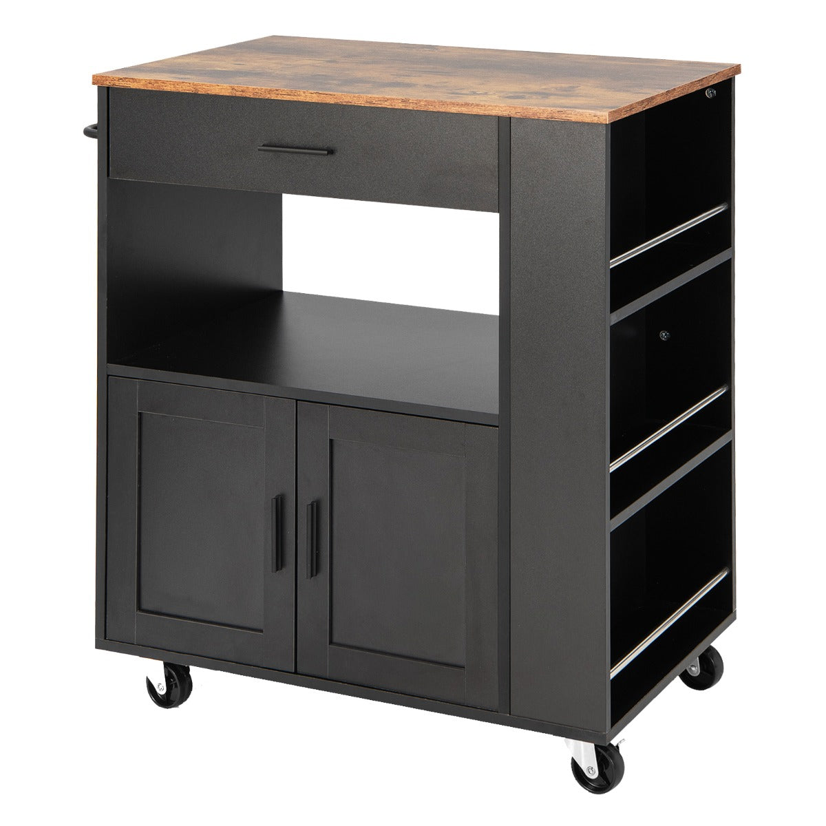 Carrinho de Cozinha com Rodas e 3 Prateleiras Abertas para Especiarias Gaveta Armário Grande com 2 Portas e Toalheiro 75 x 50 x 92 cm Preto