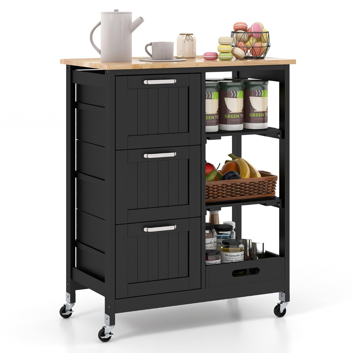 Carrinho de Cozinha – 67 x 37 x 83,5 cm – Preto – Madeira de borracha