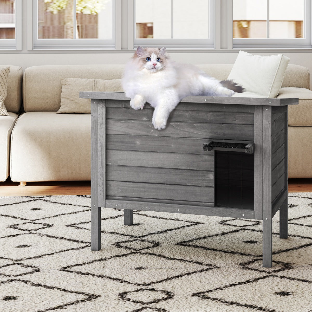 Casota para Gatos de Exterior em Madeira de Abeto com Telhado Inclinado de Asfalto 88 x 55 x 71 cm Cinzento