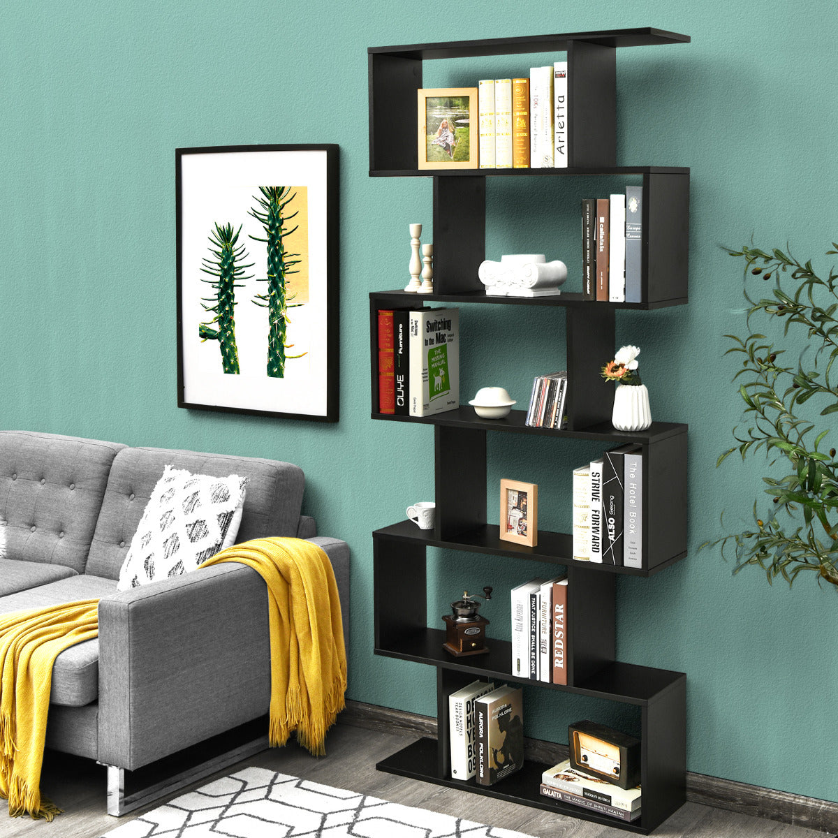 Estante de Livros de 6 Níveis em Forma de S em Madeira - Negro 80 x 23 x 191 cm
