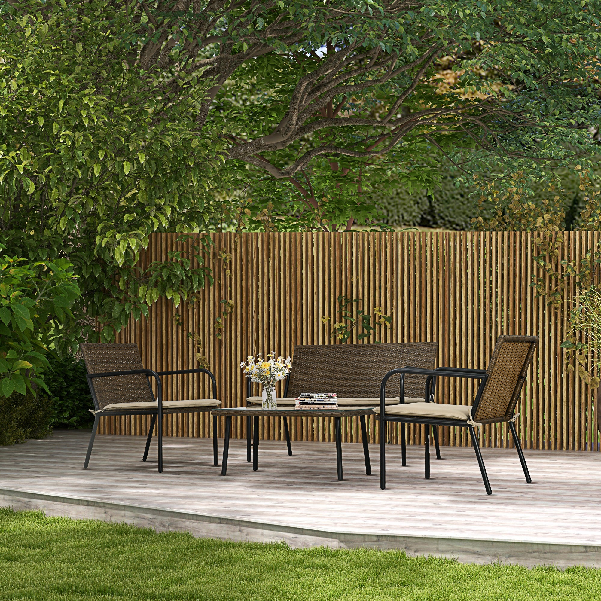 Conjunto de Jardim de 4 Peças em Vime Sintético Marróm e Caqui 111x69x77 cm