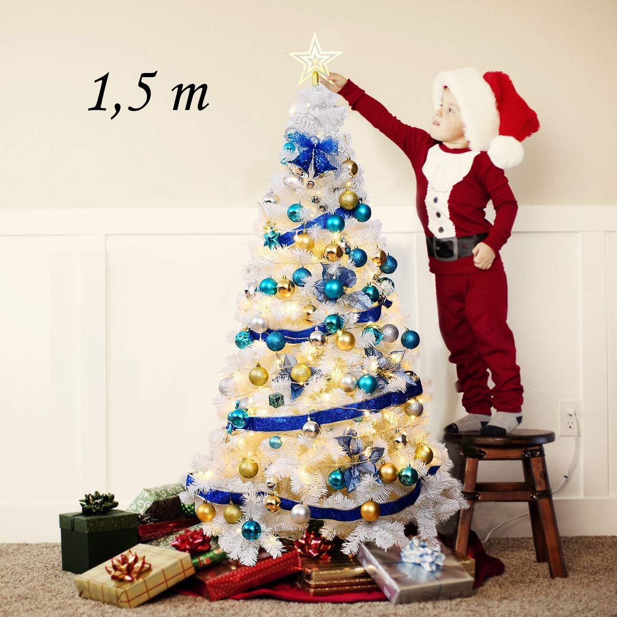 Árvore de Natal Artificial Branca de 150cm com Base Metálica em PVC para Decoração de Festas