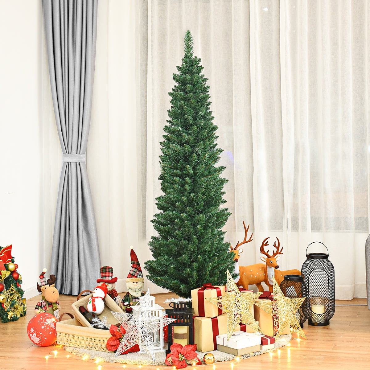 Árvore de Natal Artificial Lápis 150cm com 220 Pontas de Ramo PVC Ignífugo Suporte de Metal Fácil de Montar Verde
