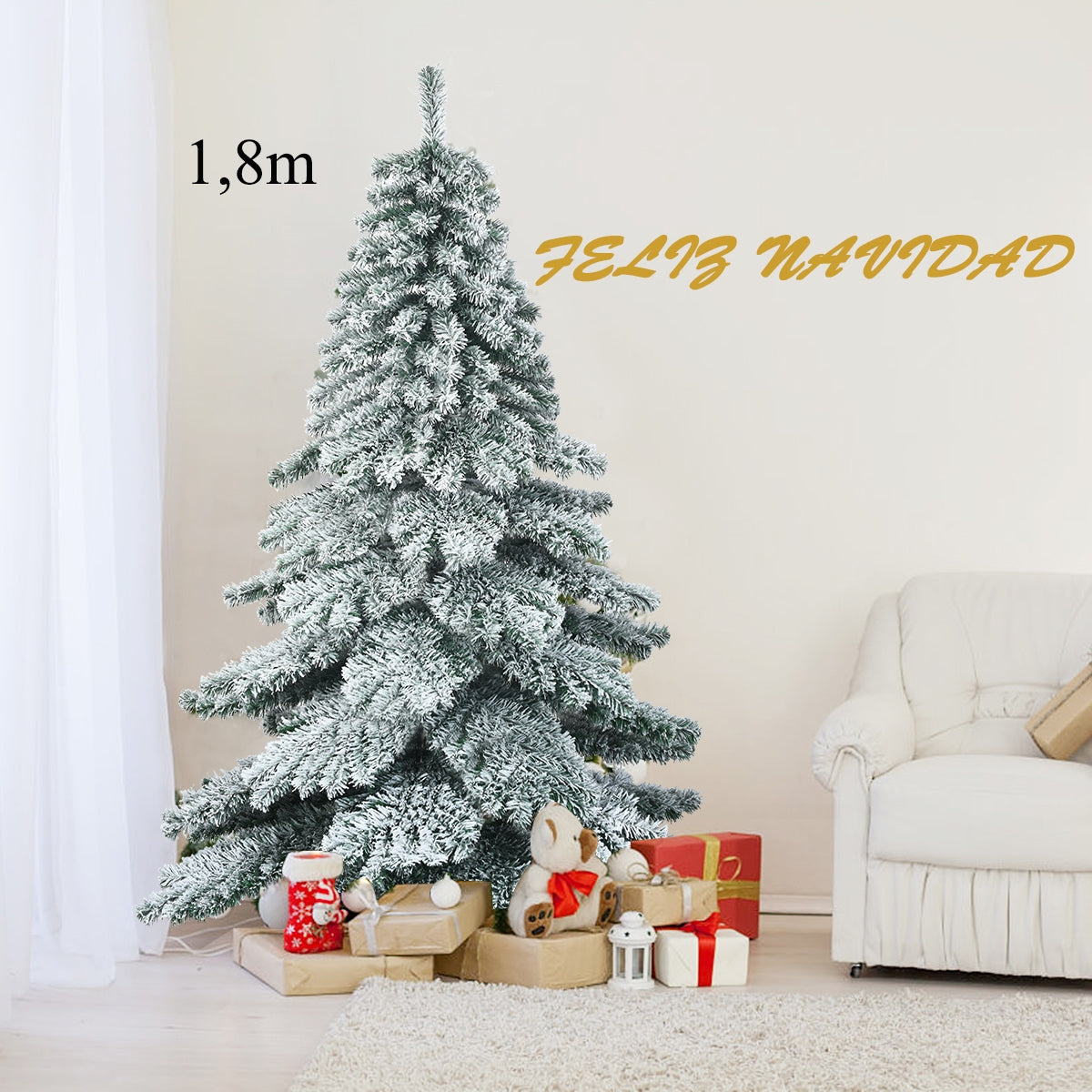 Árvore de Natal Nevada de 1,8m com 657 Ramos Abeto Artificial com Base de Metal Folhas Espessas Fácil de Montar e Desmontar