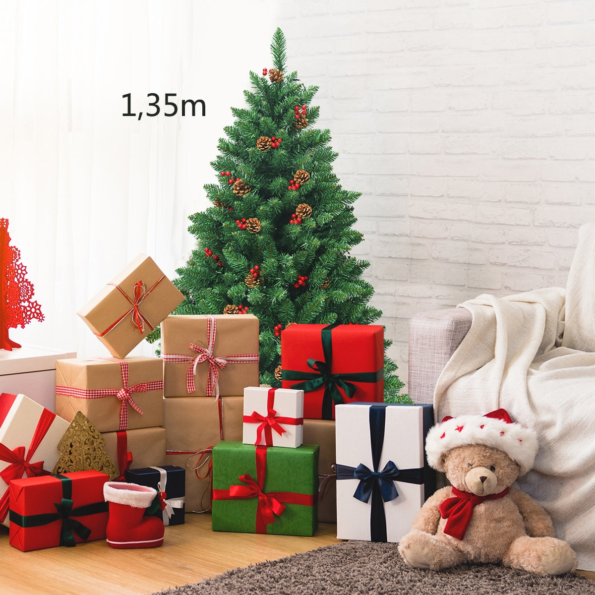 Árvore de Natal Iluminada de 1,35m com 516 Ramos, Pinhas Decorativas e Bagas Vermelhas para Casa, Escritório, Lojas e Hotel