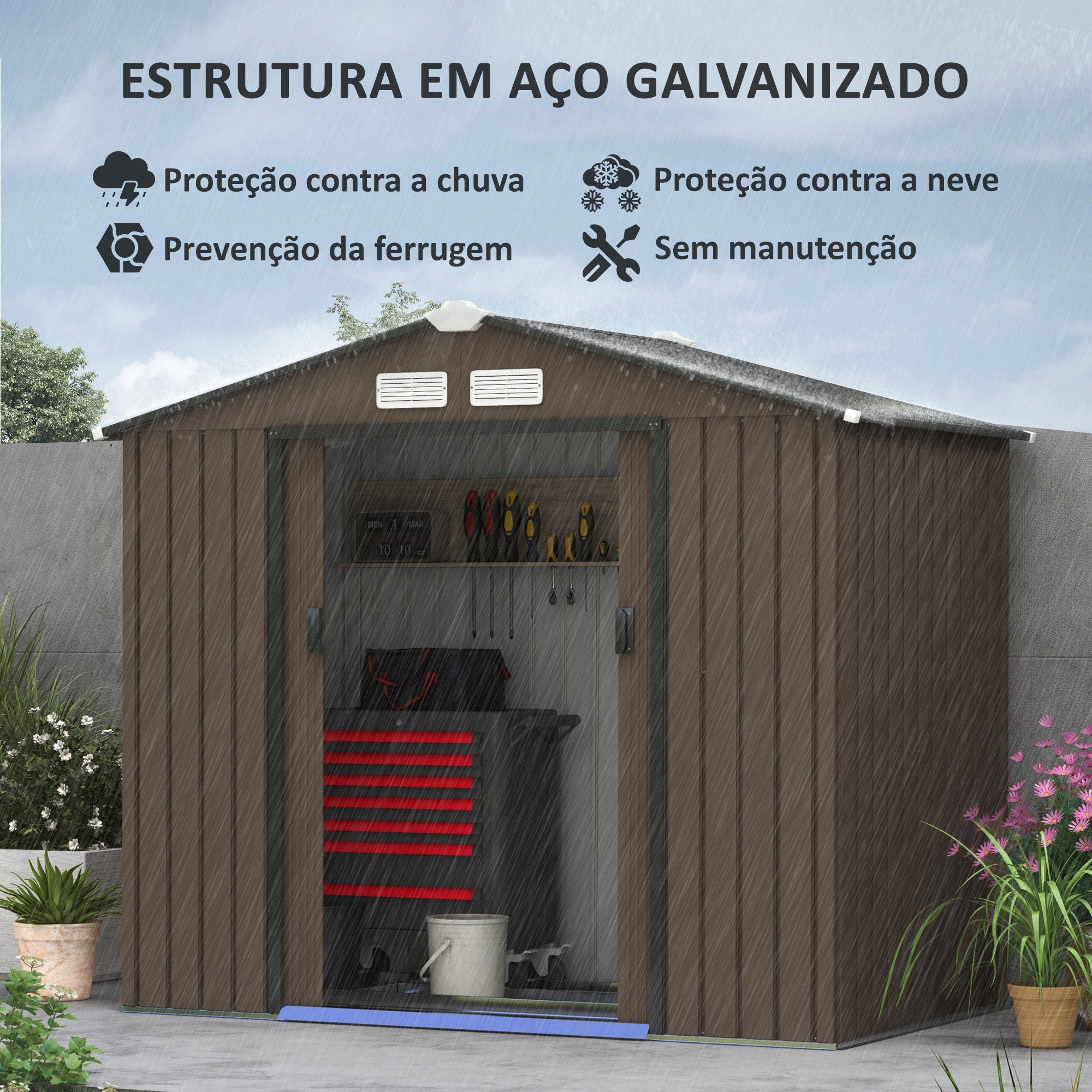 Abrigo de Jardim Metálico Marrom 213x130x185 cm
