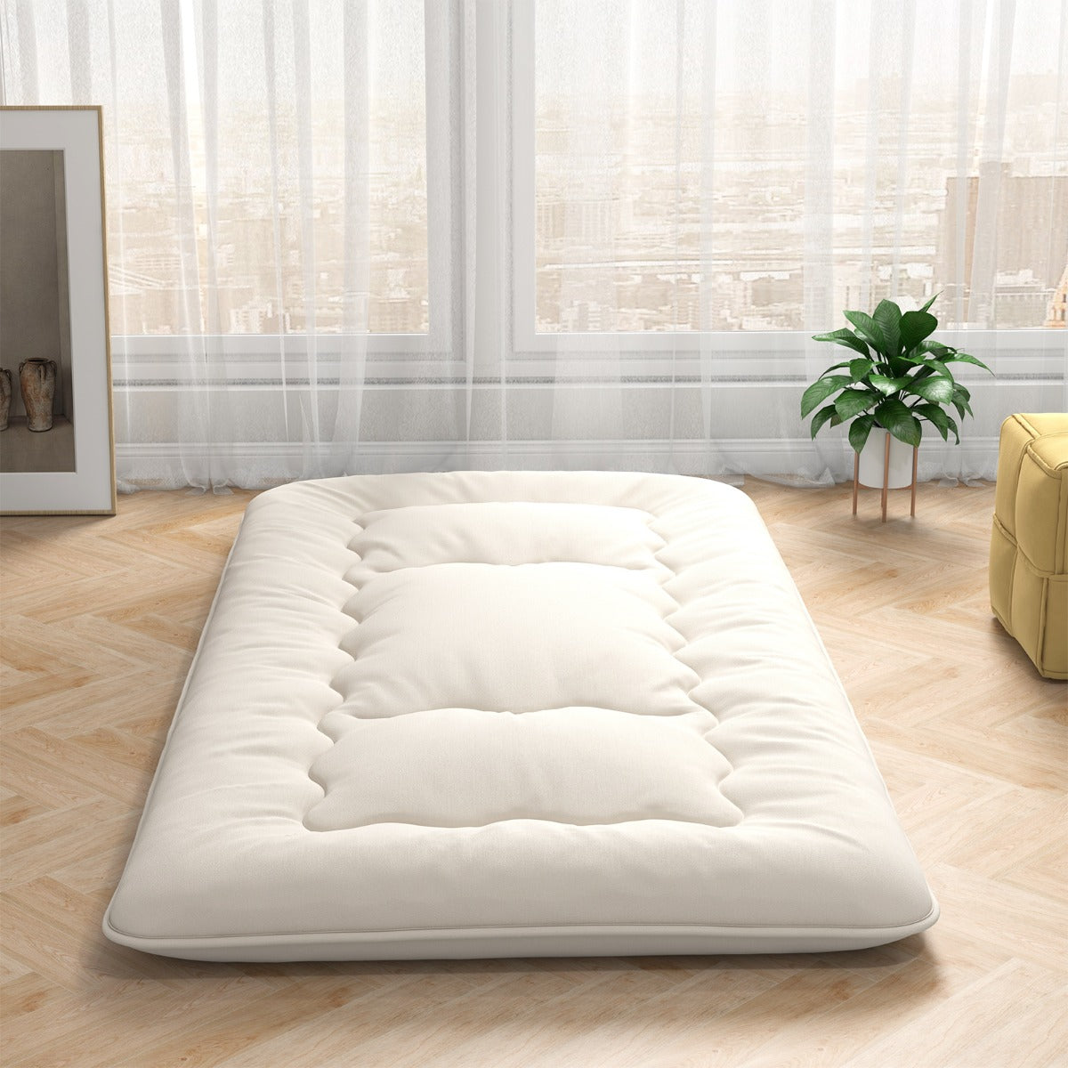 Colchão Enrolável de Chão Tatami com Capa Lavável e Bolsa de Transporte – 200 x 90 x 10 cm – Bege – Poliéster