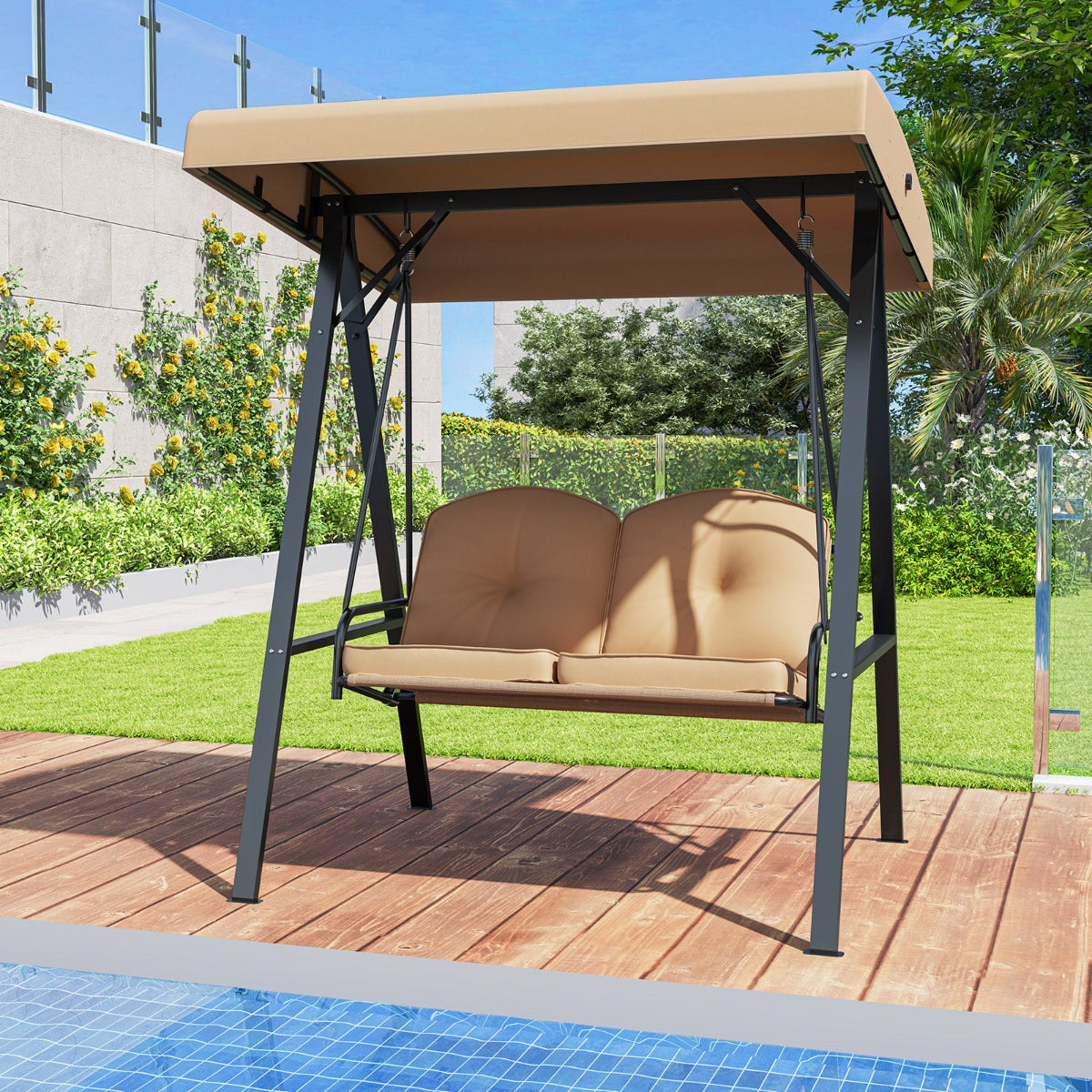 Baloiço de Pórtico para 2 Pessoas com Toldo Ajustável e Estrutura Metálica de Alta Resistência e Encosto para Jardim 145 x 121 x 176 cm Bege