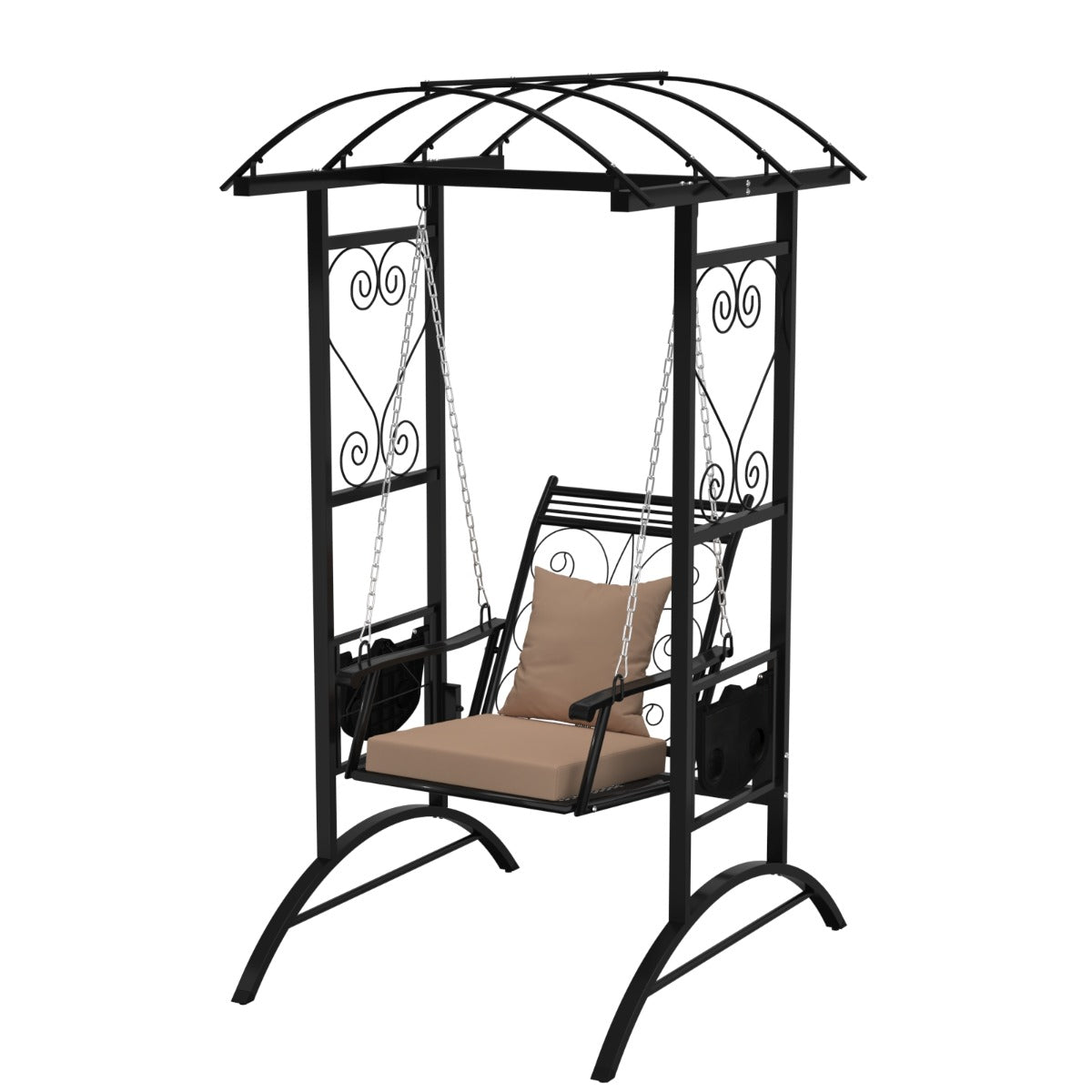 Baloiço de Exterior para Porche com Estrutura e Almofadas Removíveis e Mesas Laterais para Jardim Varanda 110 x 141 x 196 cm Preto