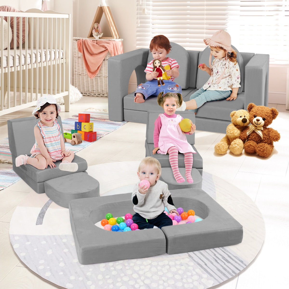 Sofá Modular Infantil – 8 Peças – Cinza – Tecido Suede