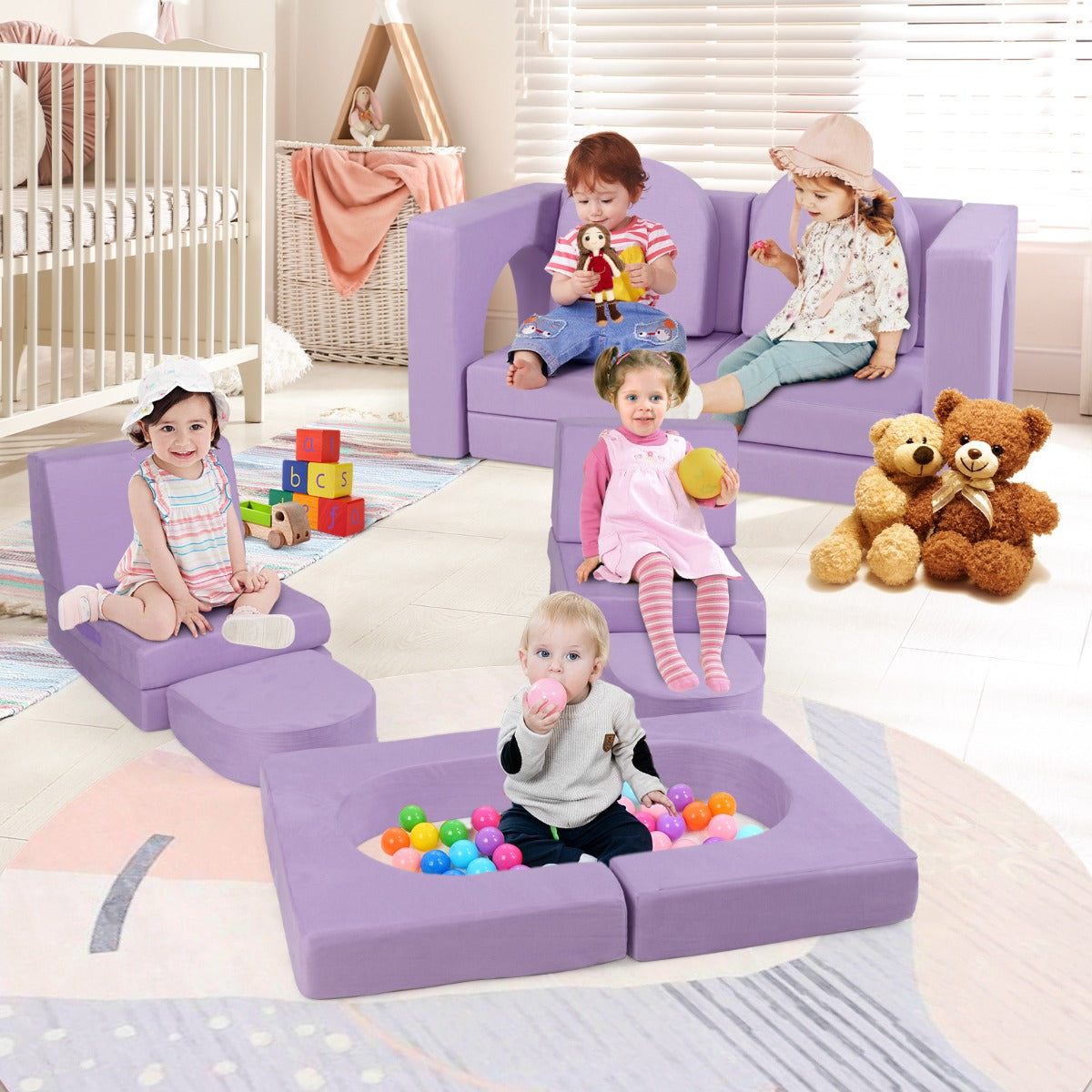 Sofá Infantil Modular de Espuma – 8 Peças – Roxo – Tecido Suede