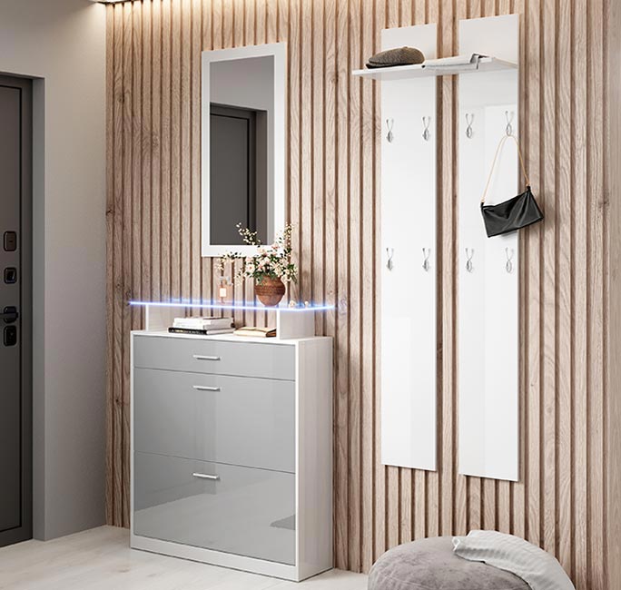 Conjunto de hall de entrada – 105cm x 89cm x 24cm – Branco e Cinza – Melanina