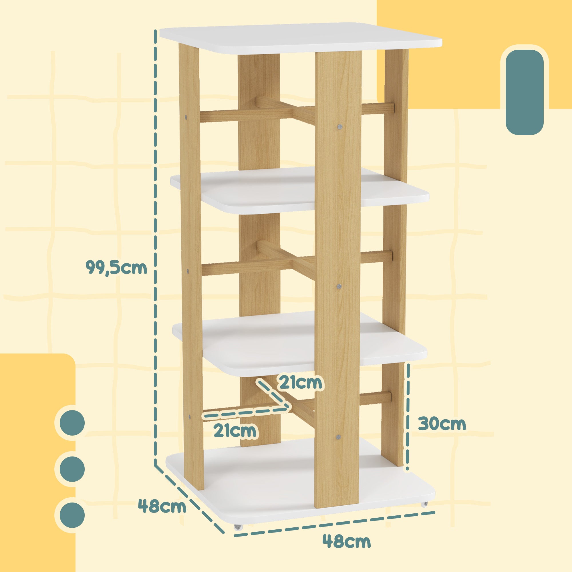 Estante Infantil com Rodas – 48x48x99,5 cm – Branco – MDF e Madeira de Pinho
