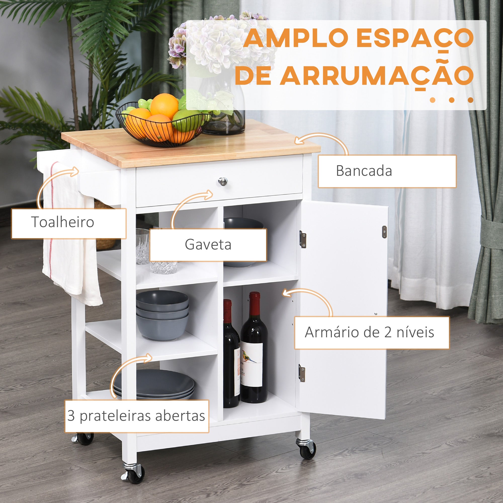 Carrinho de Cozinha Multifuncional Branco 66x39,5x86,5 cm