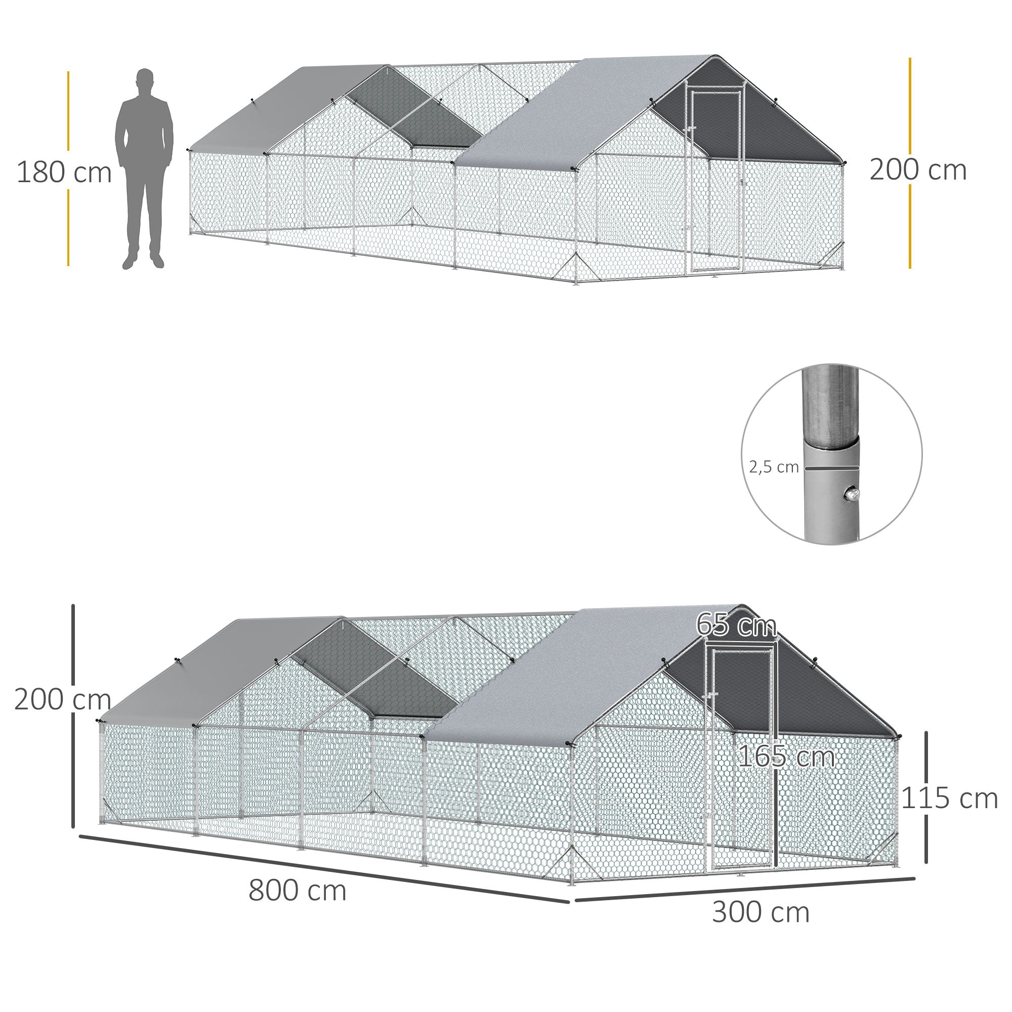 Galinheiro Exterior Grande – 300x800x200cm – Prata – Metal
