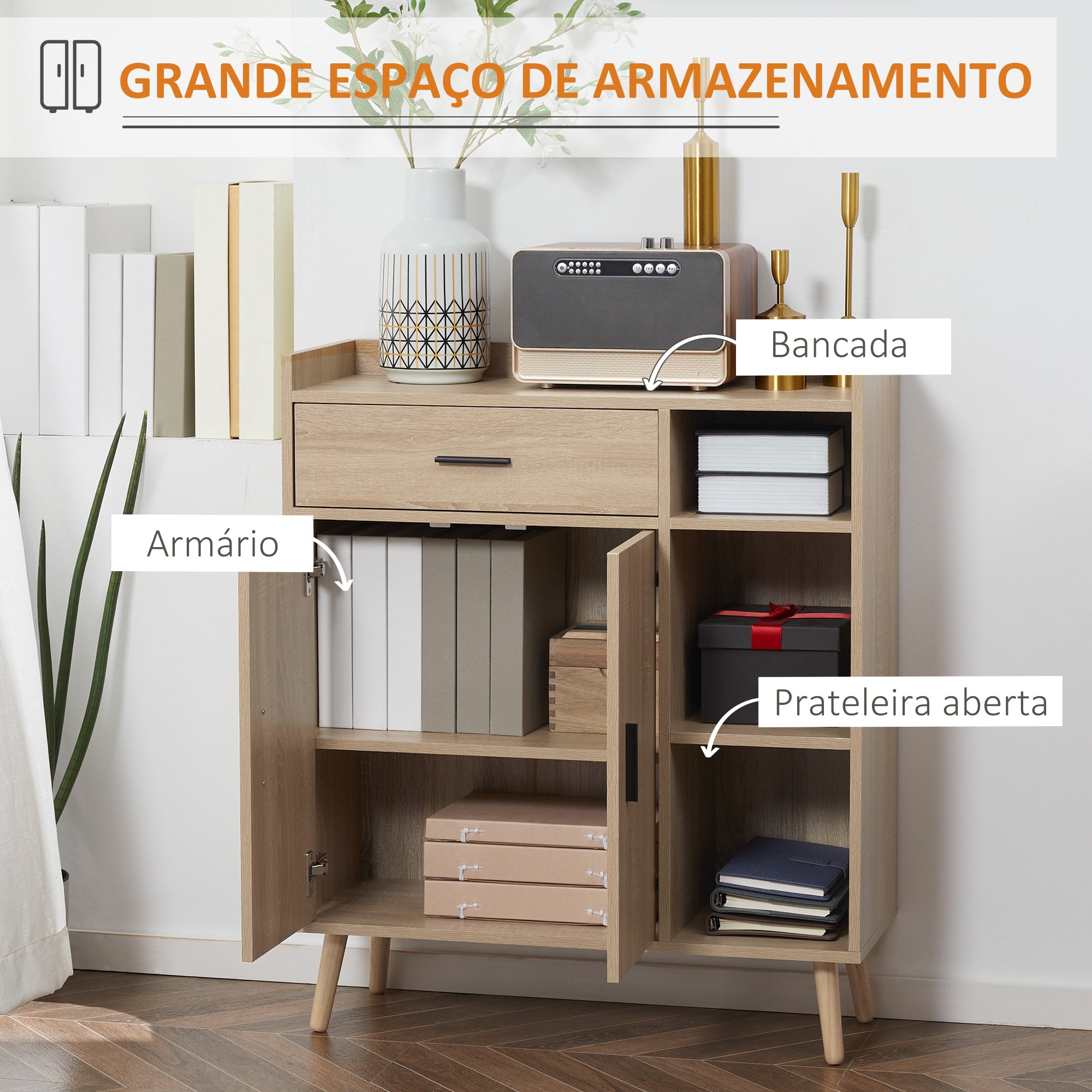 Aparador de Sala Moderno em Madeira Natural 80x30x96.5 cm