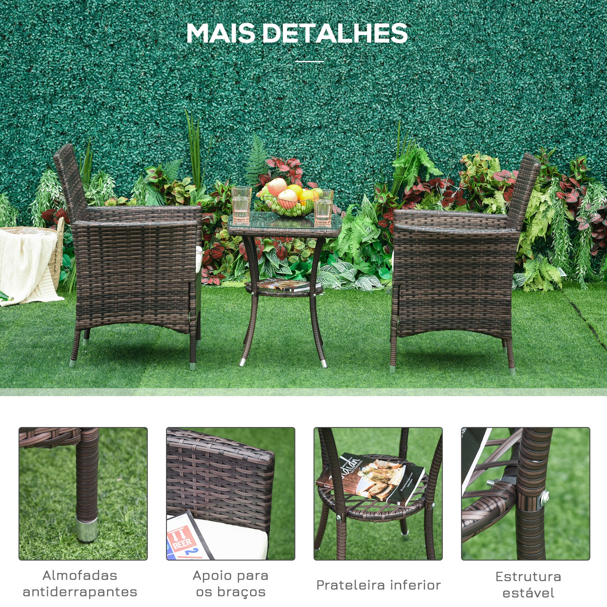 Conjunto de Móveis de Exterior Marrom 60x58,5x89,5 cm - Mesa, 2 Cadeiras, 2 Almofadas