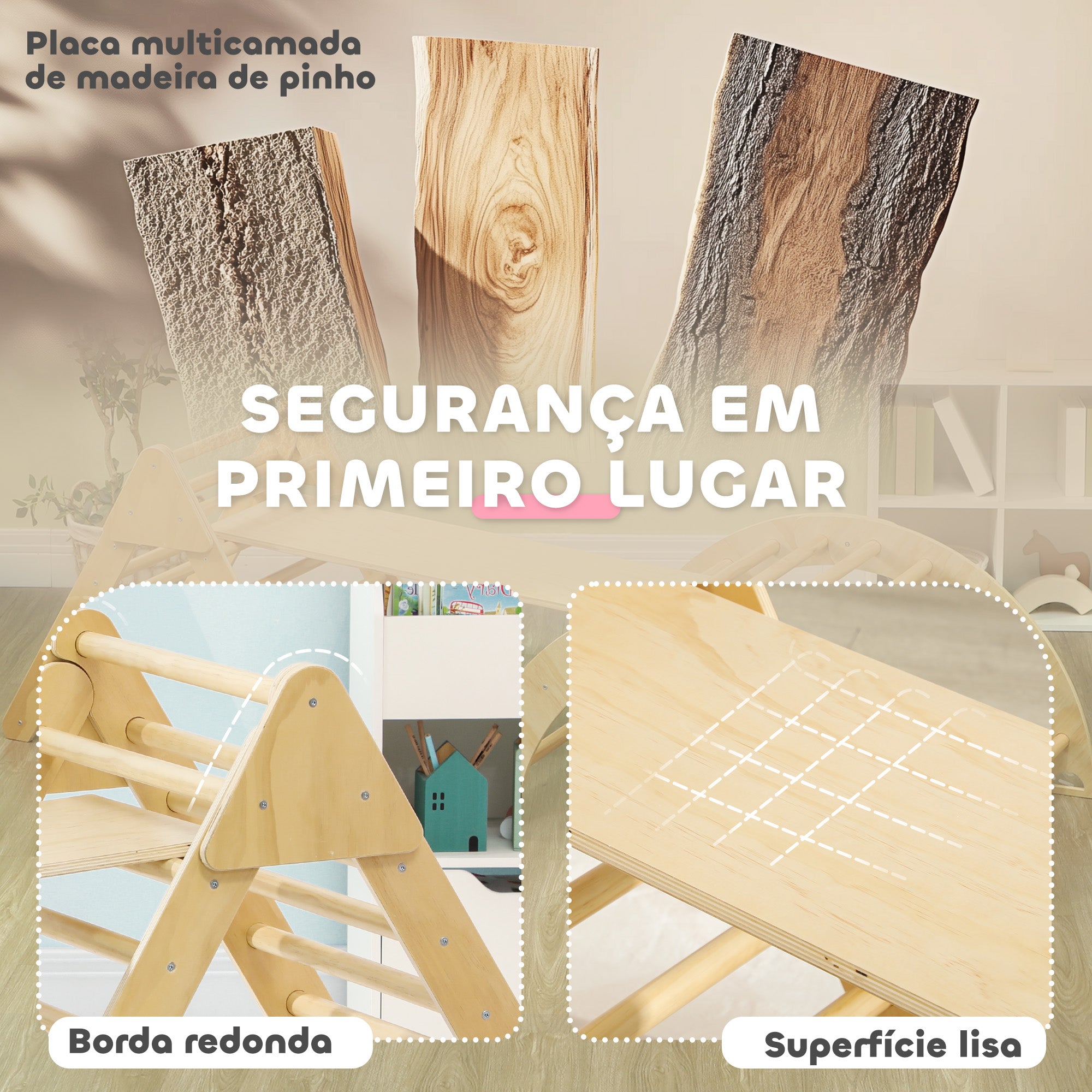 Triângulo de Escalada de Madeira para Crianças 219x72,5x68,5 cm - Cor Madeira Natural