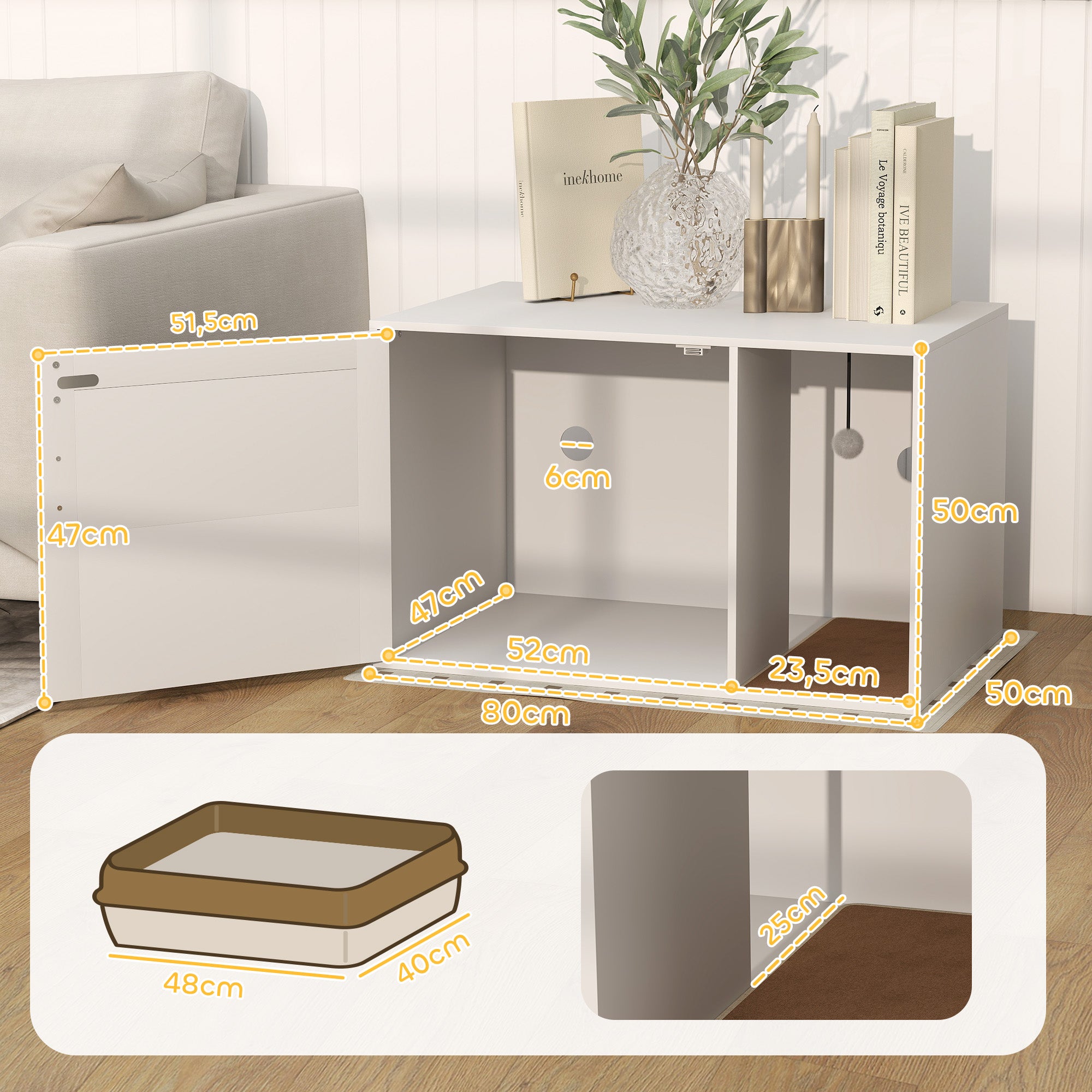 Móvel Caixa de Areia para Gatos – 80x50x50 cm – Branco – Melamina de madeira