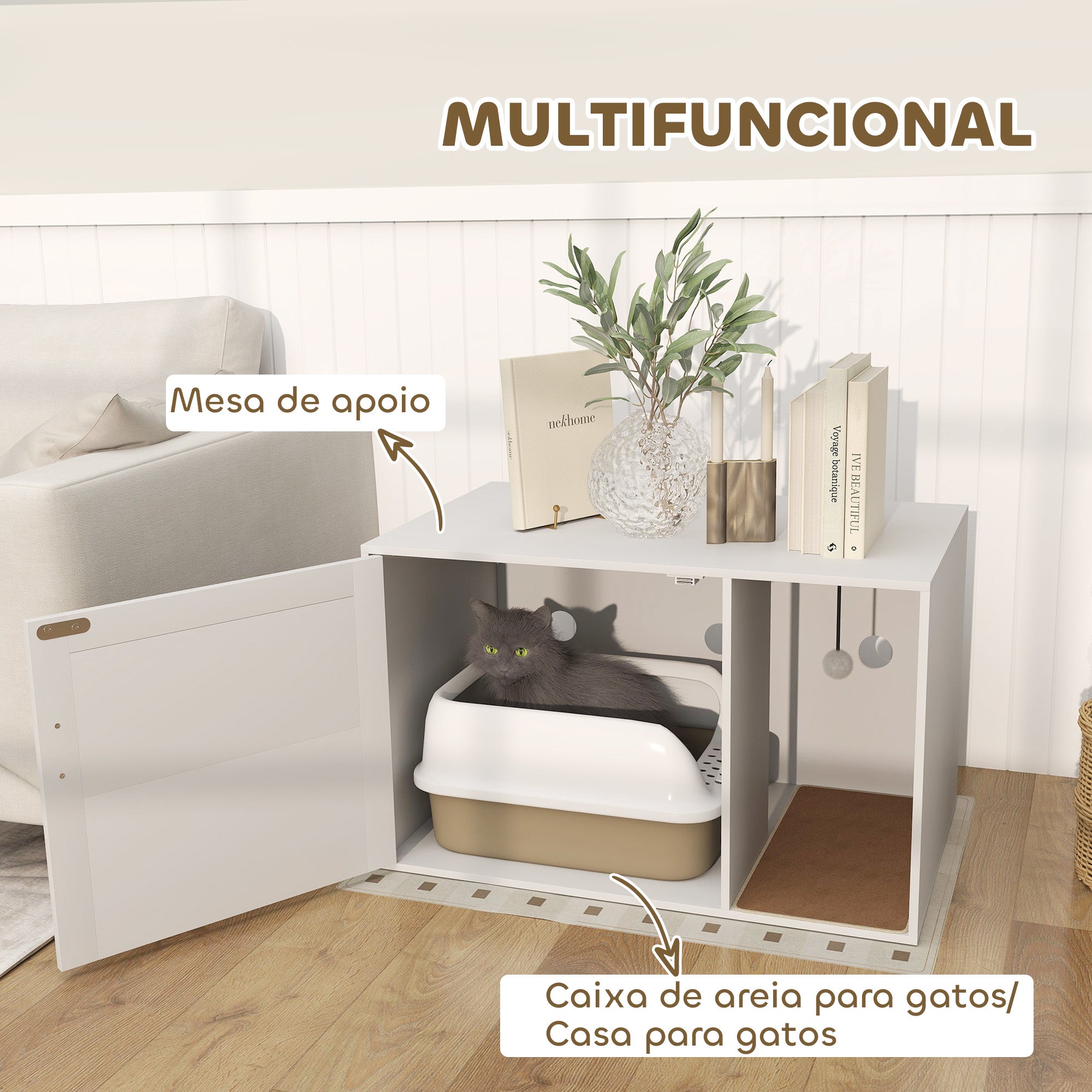 Móvel Caixa de Areia para Gatos – 80x50x50 cm – Branco – Melamina de madeira