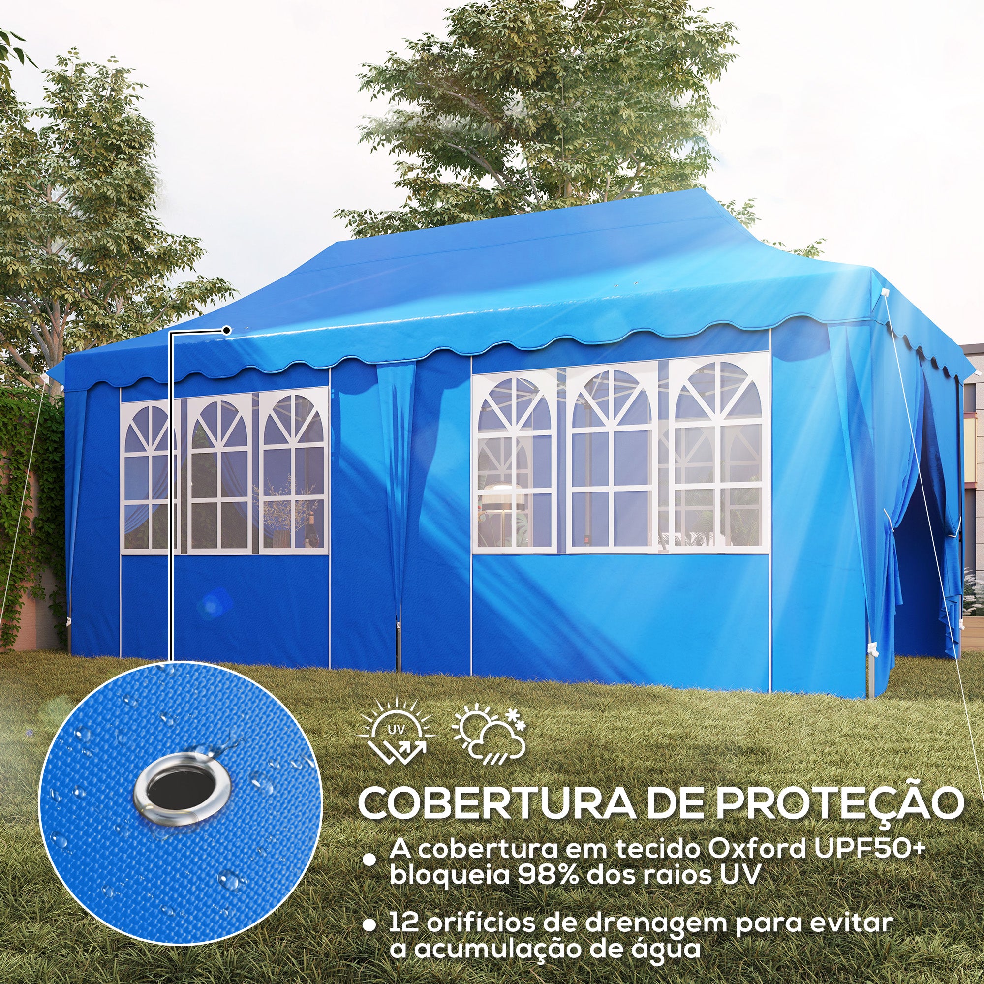 Tenda Dobrável Pop Up – 596x300x315 cm – Azul – Aço e Tecido Oxford