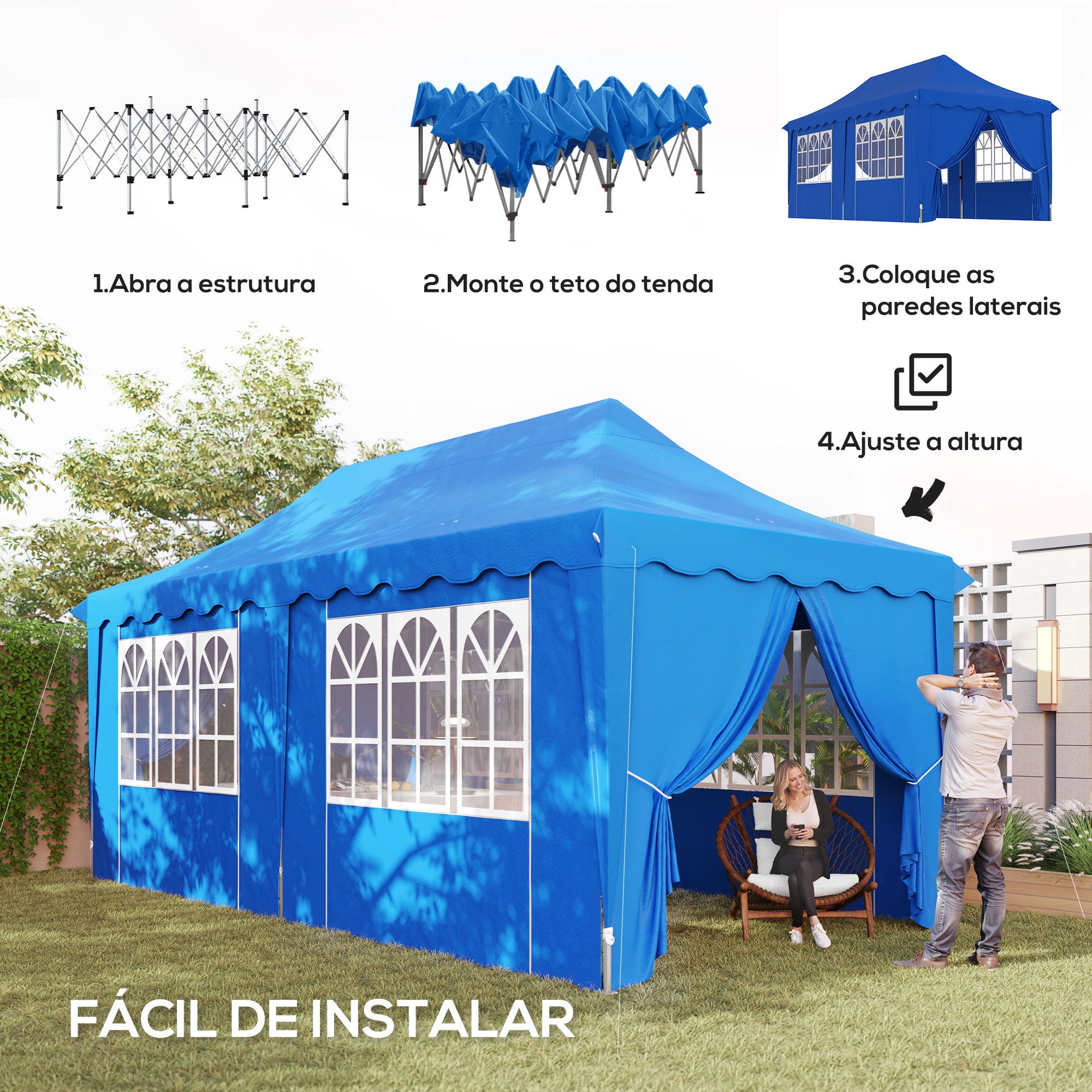 Tenda Dobrável Pop Up – 596x300x315 cm – Azul – Aço e Tecido Oxford