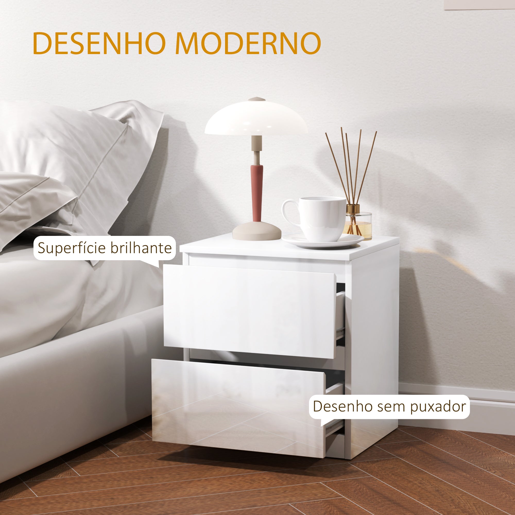 Mesa de Cabeceira Moderna – 40x34x45 cm – Branco de Alto Brilho – Melamina