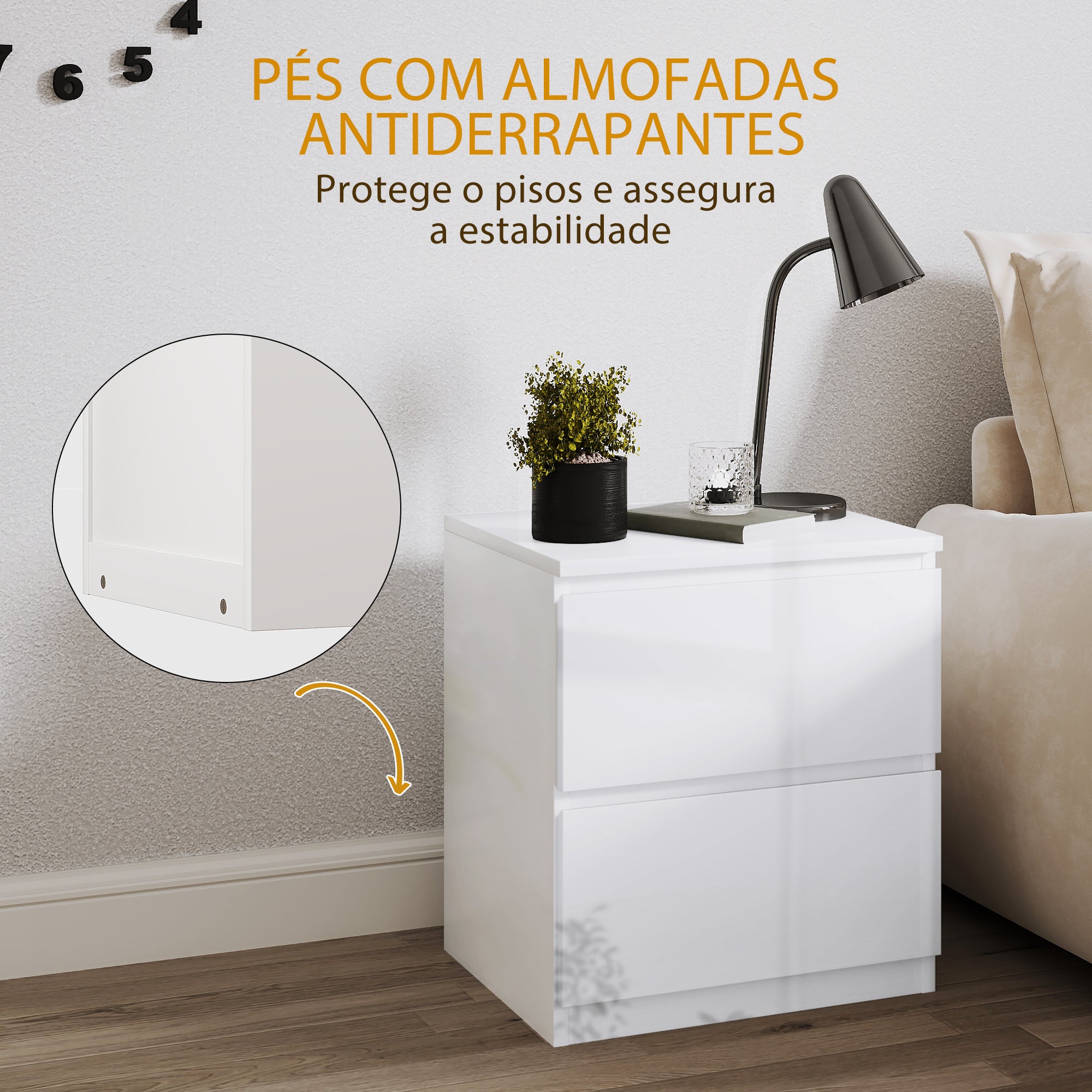 Mesa de Cabeceira Moderna – 40x34x45 cm – Branco de Alto Brilho – Melamina