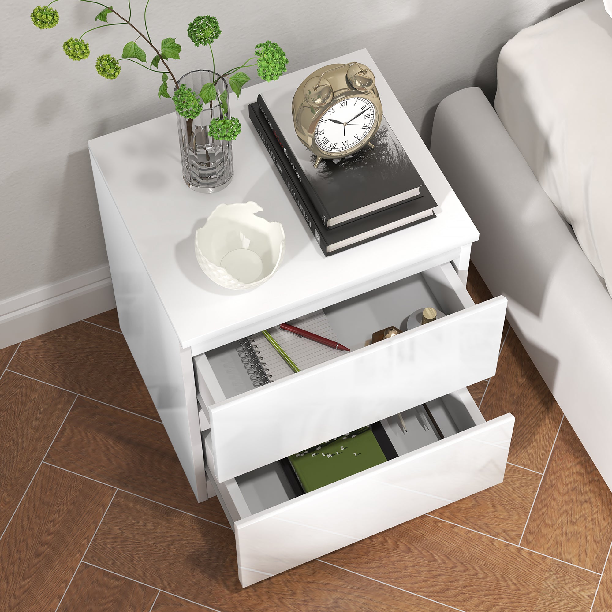 Mesa de Cabeceira Moderna – 40x34x45 cm – Branco de Alto Brilho – Melamina