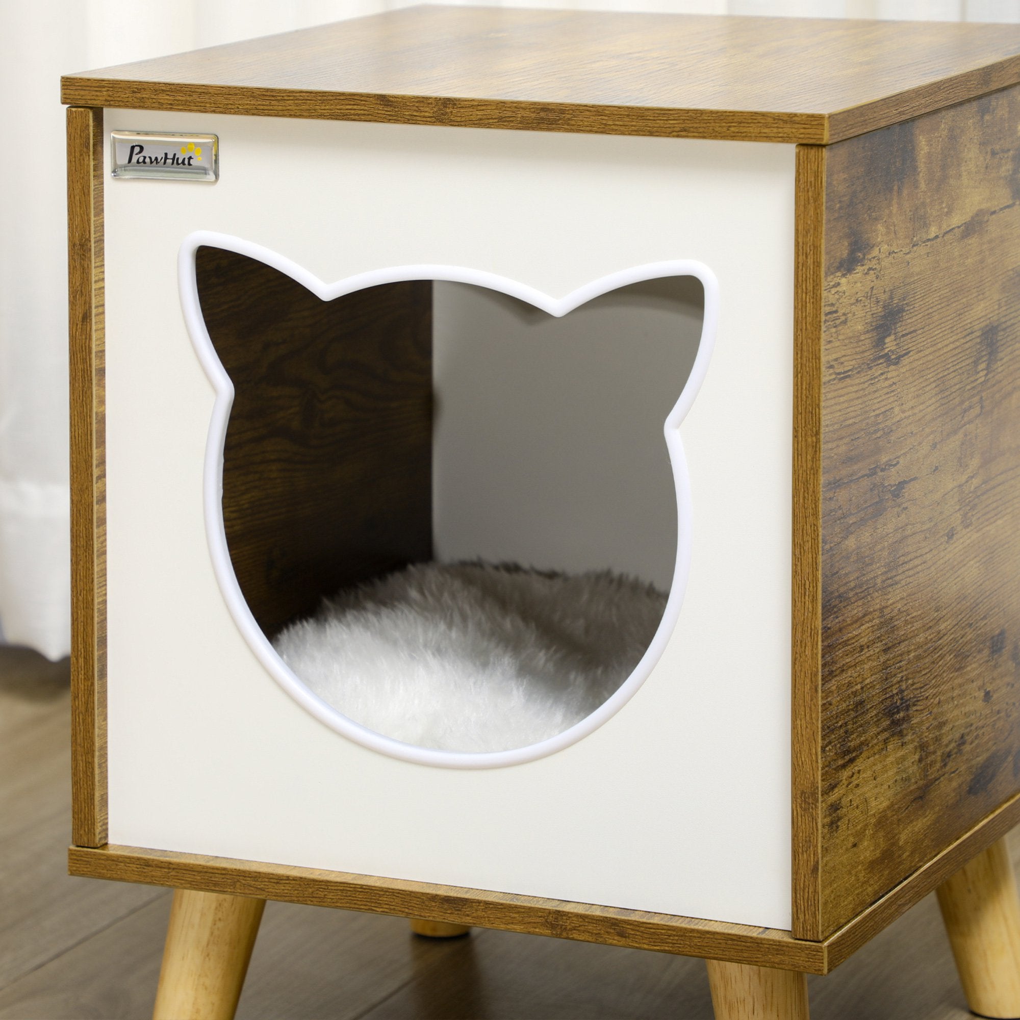 Casa de Madeira para Gatos – 34x34x44,5 cm – Castanho Rústico – MDF, melamina, madeira de pinho, pelúcia