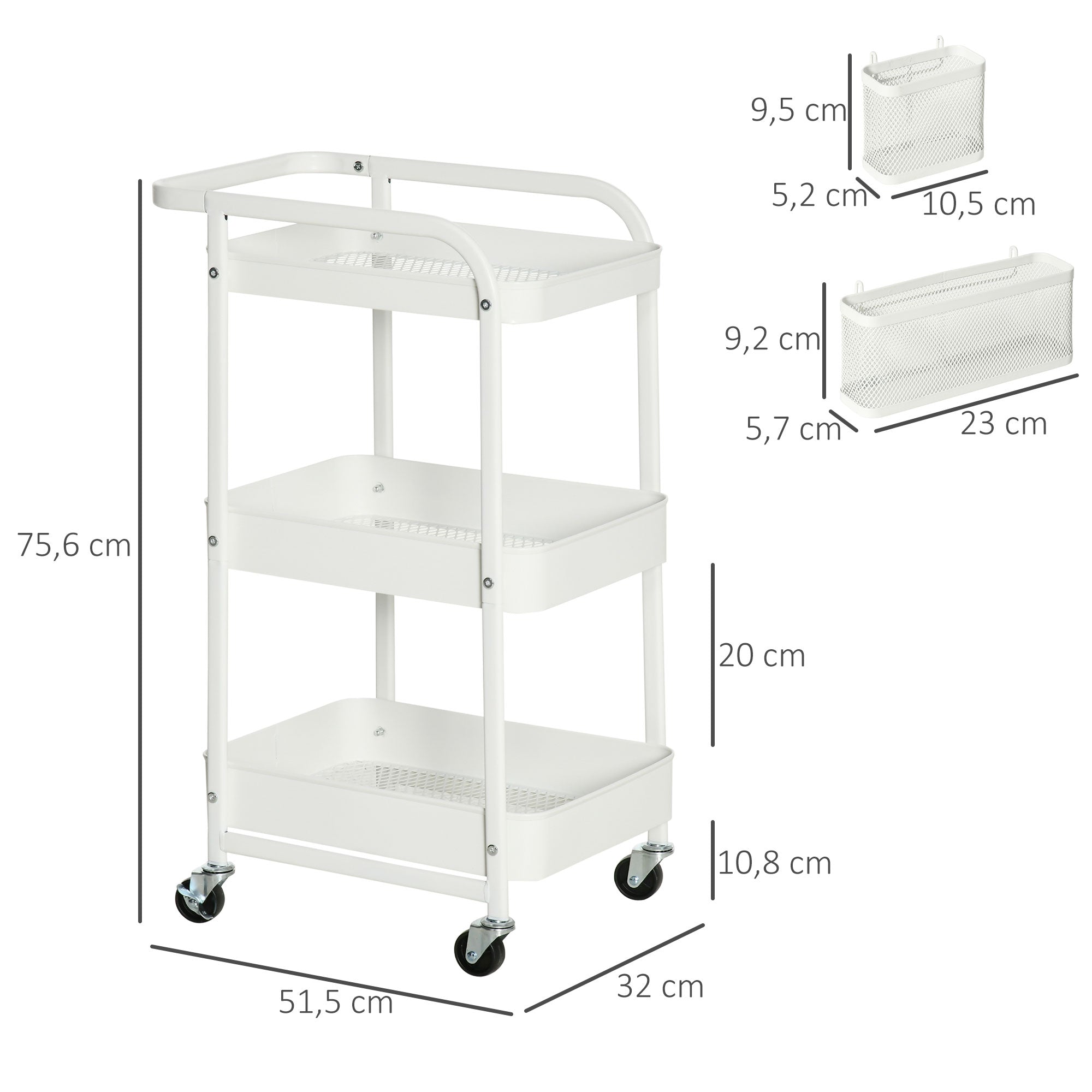Carrinho de Cozinha – 51,5x32x75,6cm – Branco – Aço e Plástico PP