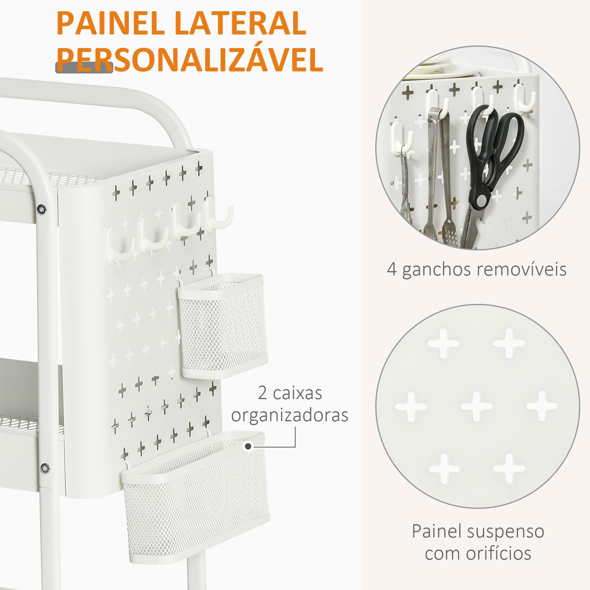 Carrinho de Cozinha – 51,5x32x75,6cm – Branco – Aço e Plástico PP