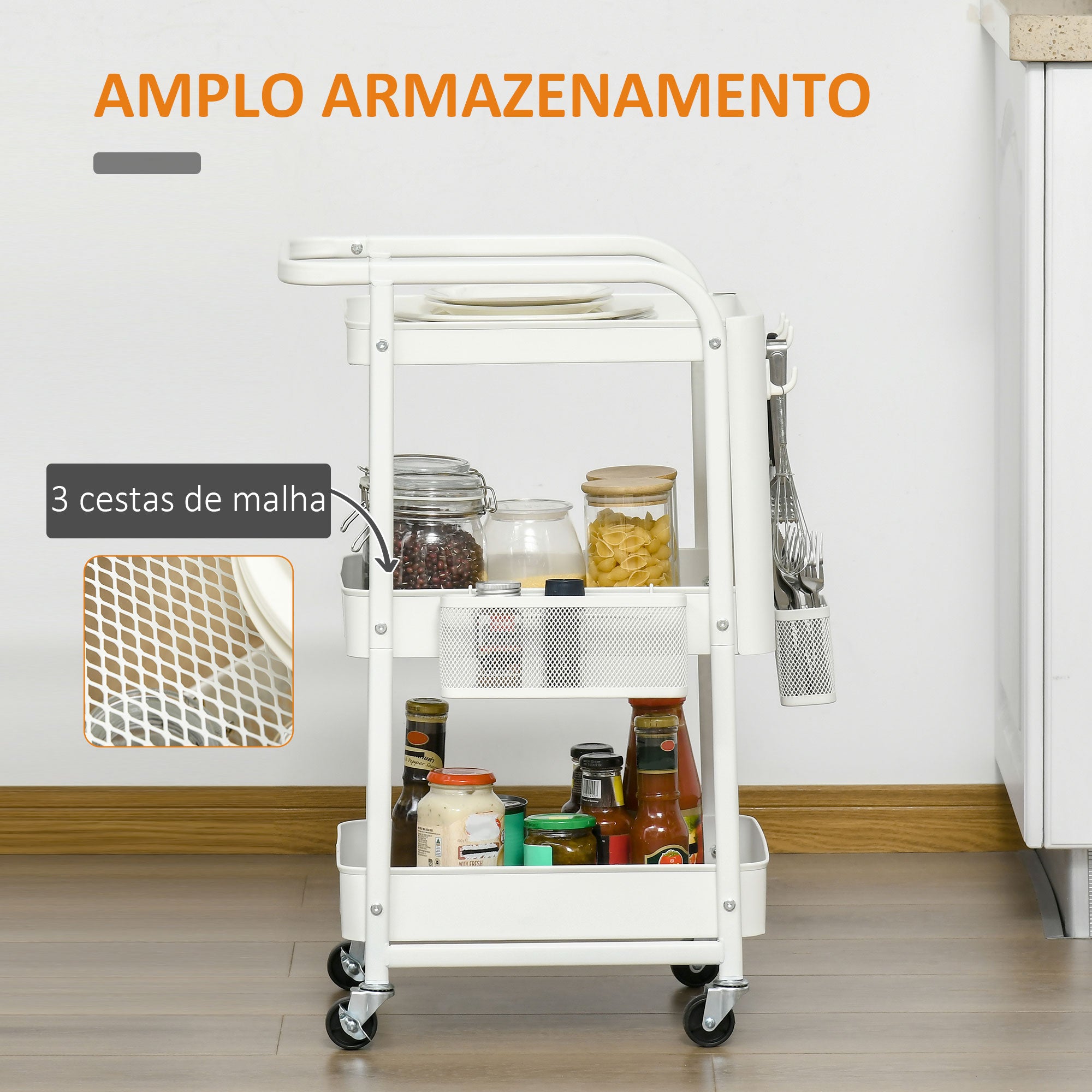 Carrinho de Cozinha – 51,5x32x75,6cm – Branco – Aço e Plástico PP