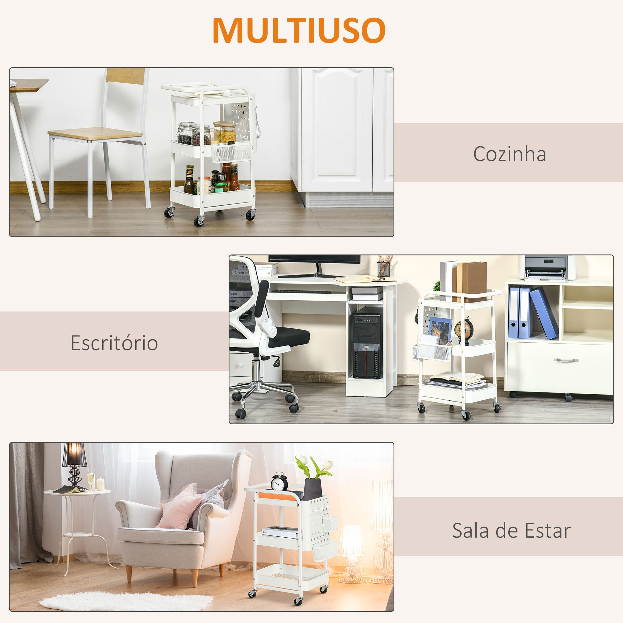 Carrinho de Cozinha – 51,5x32x75,6cm – Branco – Aço e Plástico PP