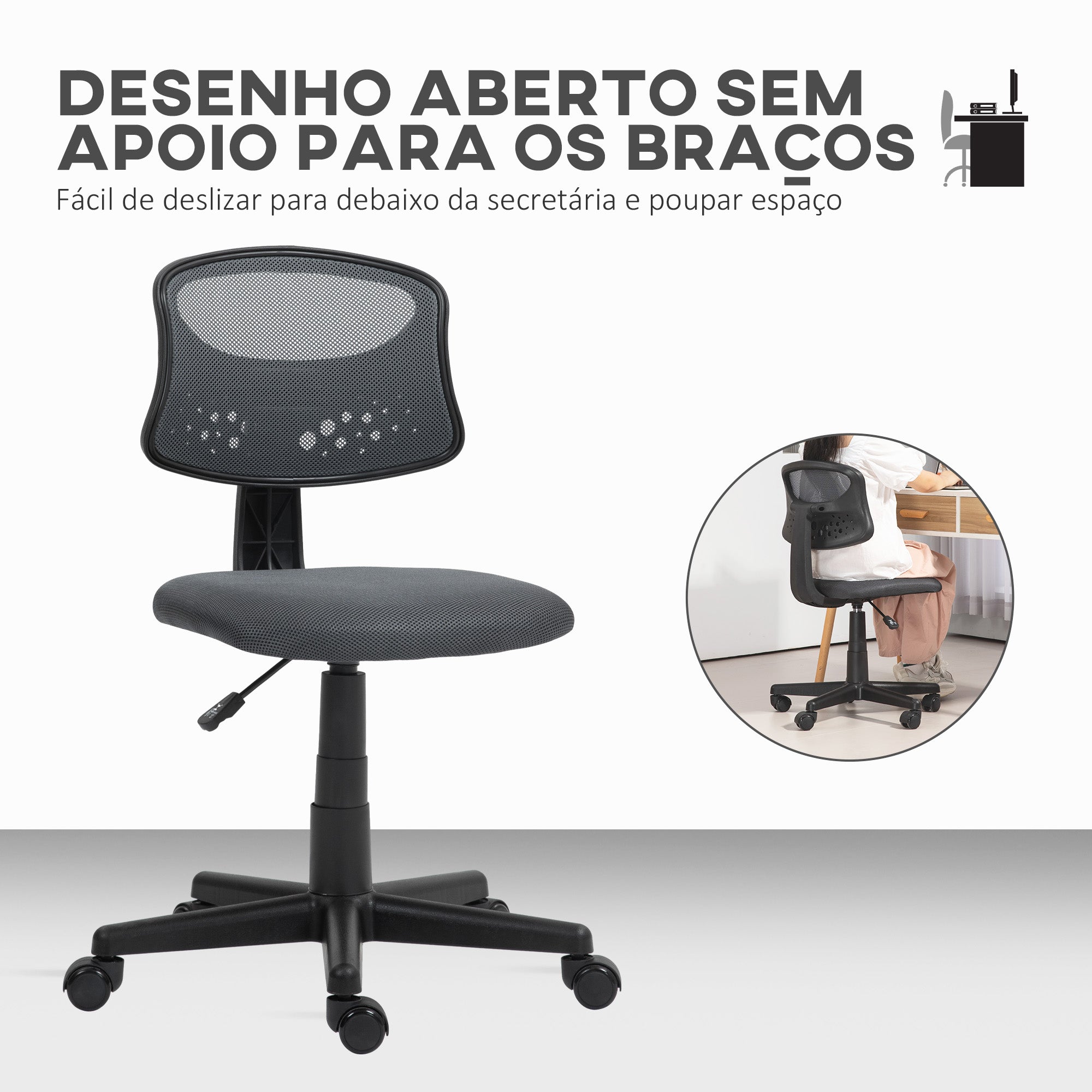 Cadeira de Escritório Cinza 43x48x78-88 cm - Encosto em Malha Respirável