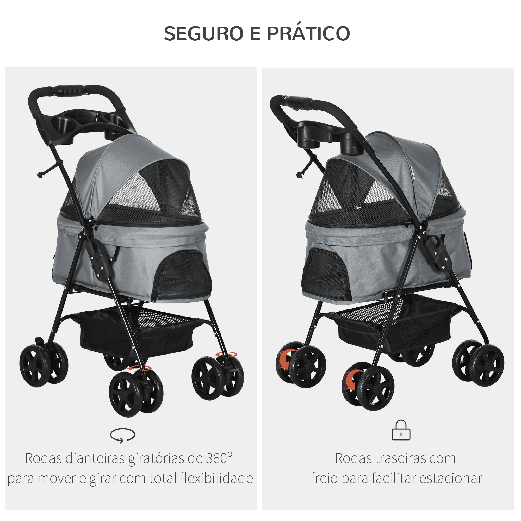 Carrinho de Animal de Estimação Dobrável Cinza 67x45x96 cm