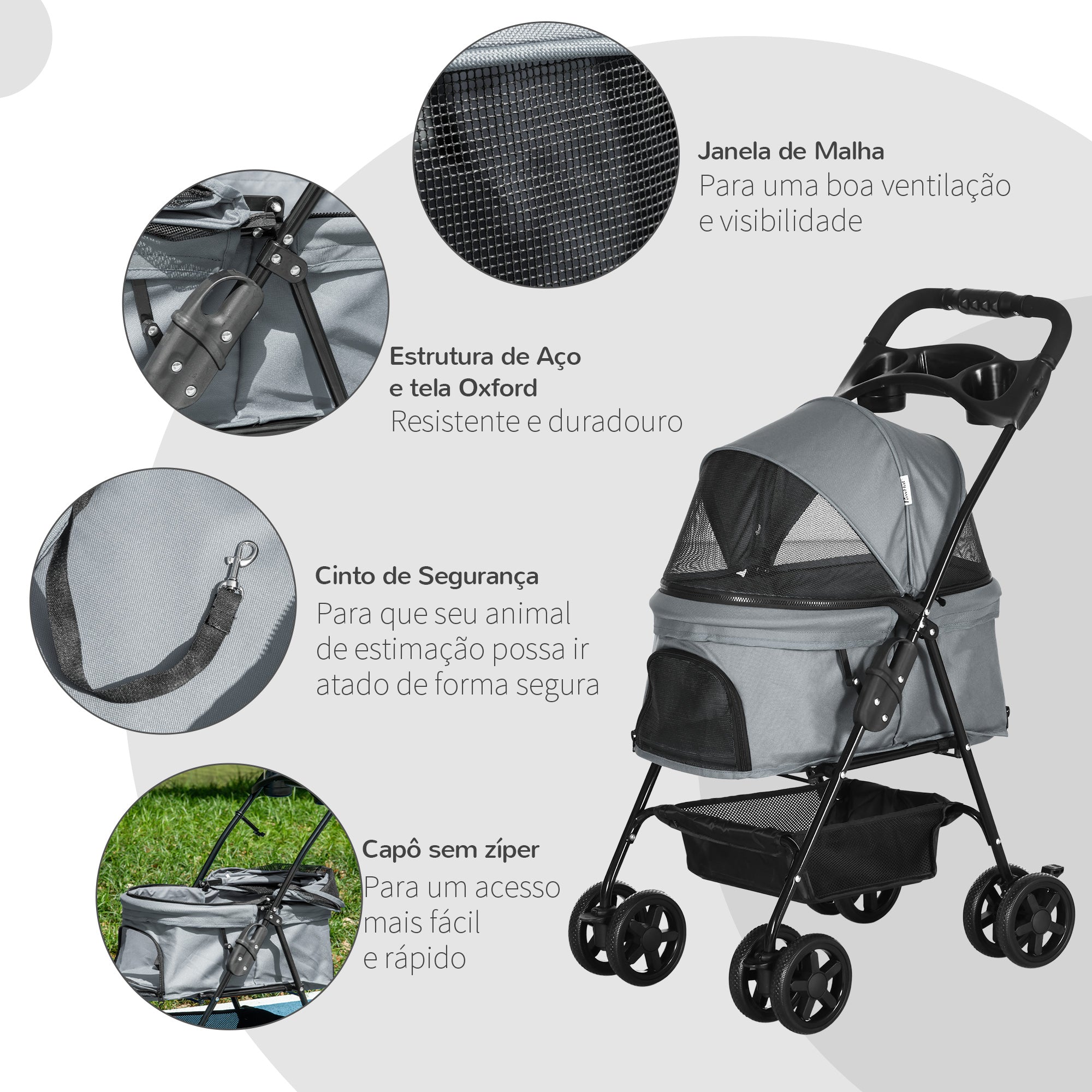 Carrinho de Animal de Estimação Dobrável Cinza 67x45x96 cm