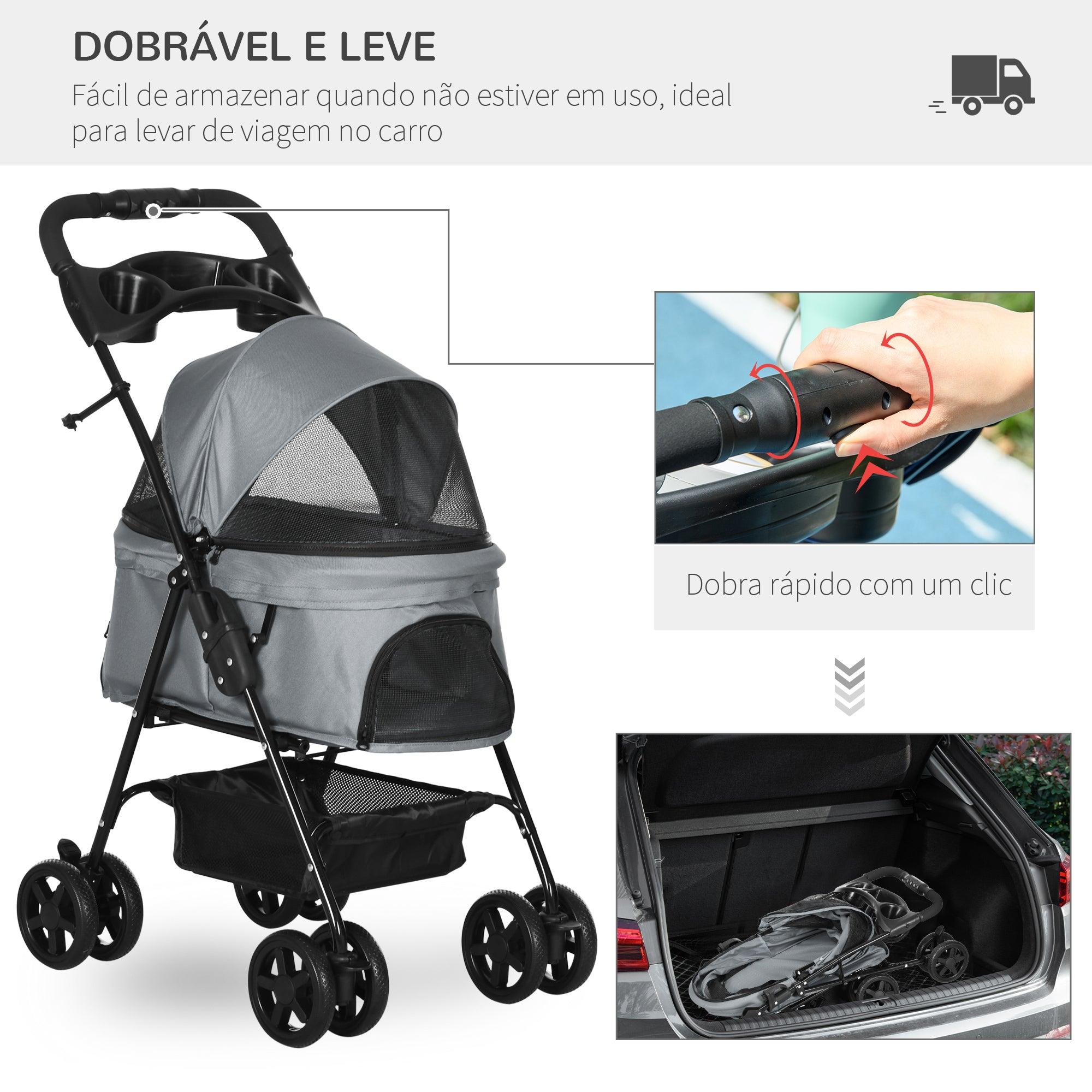 Carrinho de Animal de Estimação Dobrável Cinza 67x45x96 cm