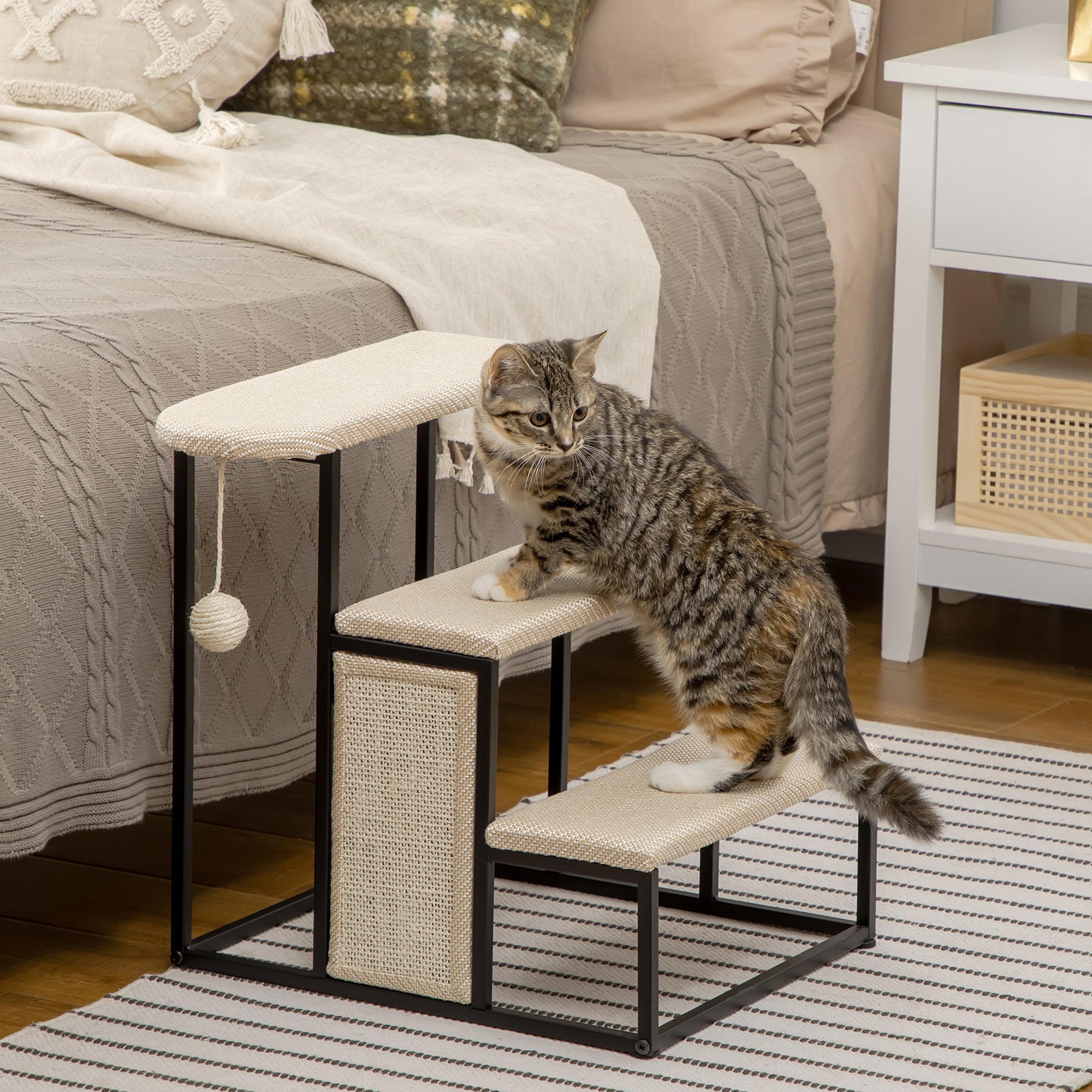 Escada para Animais de Estimação com 3 Degraus 47x45x47 cm - Creme e Preto
