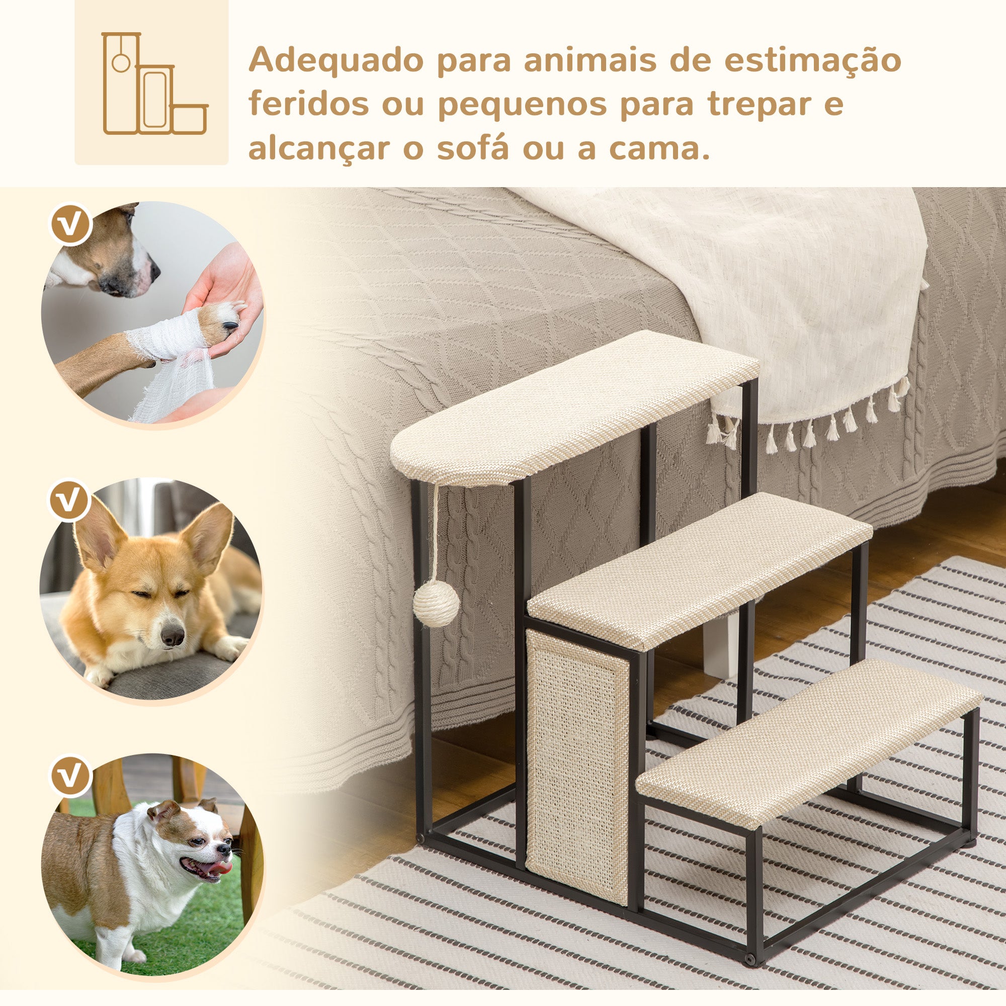Escada para Animais de Estimação com 3 Degraus 47x45x47 cm - Creme e Preto
