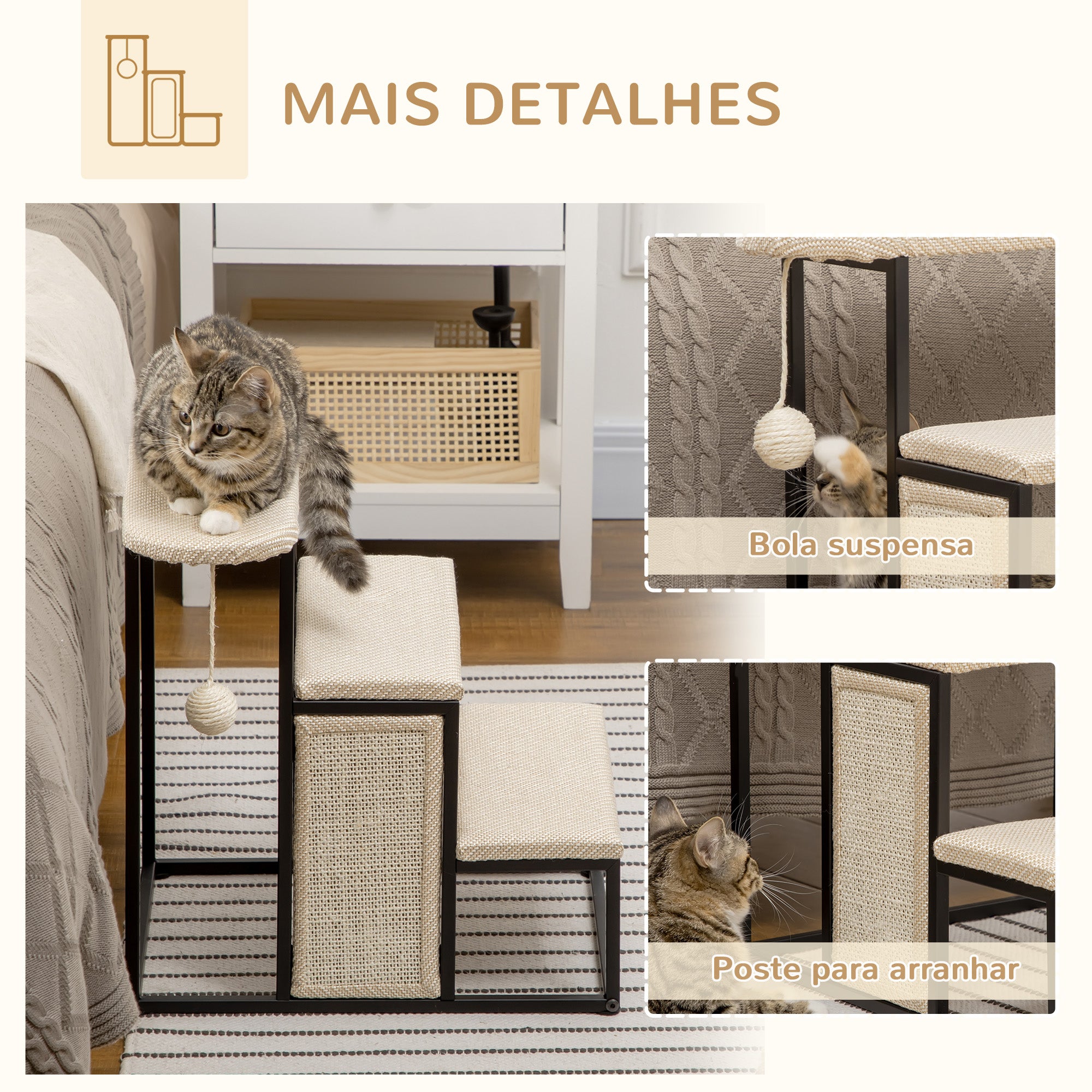 Escada para Animais de Estimação com 3 Degraus 47x45x47 cm - Creme e Preto