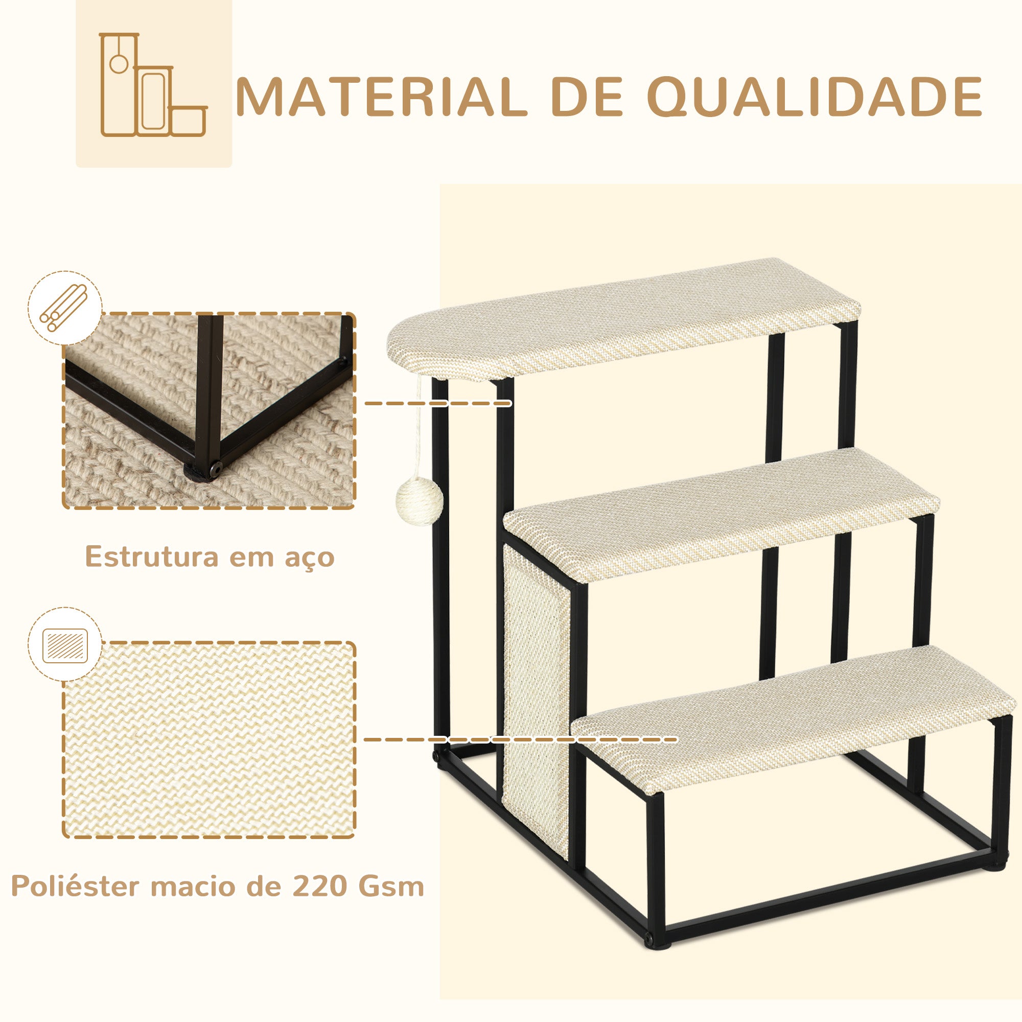 Escada para Animais de Estimação com 3 Degraus 47x45x47 cm - Creme e Preto