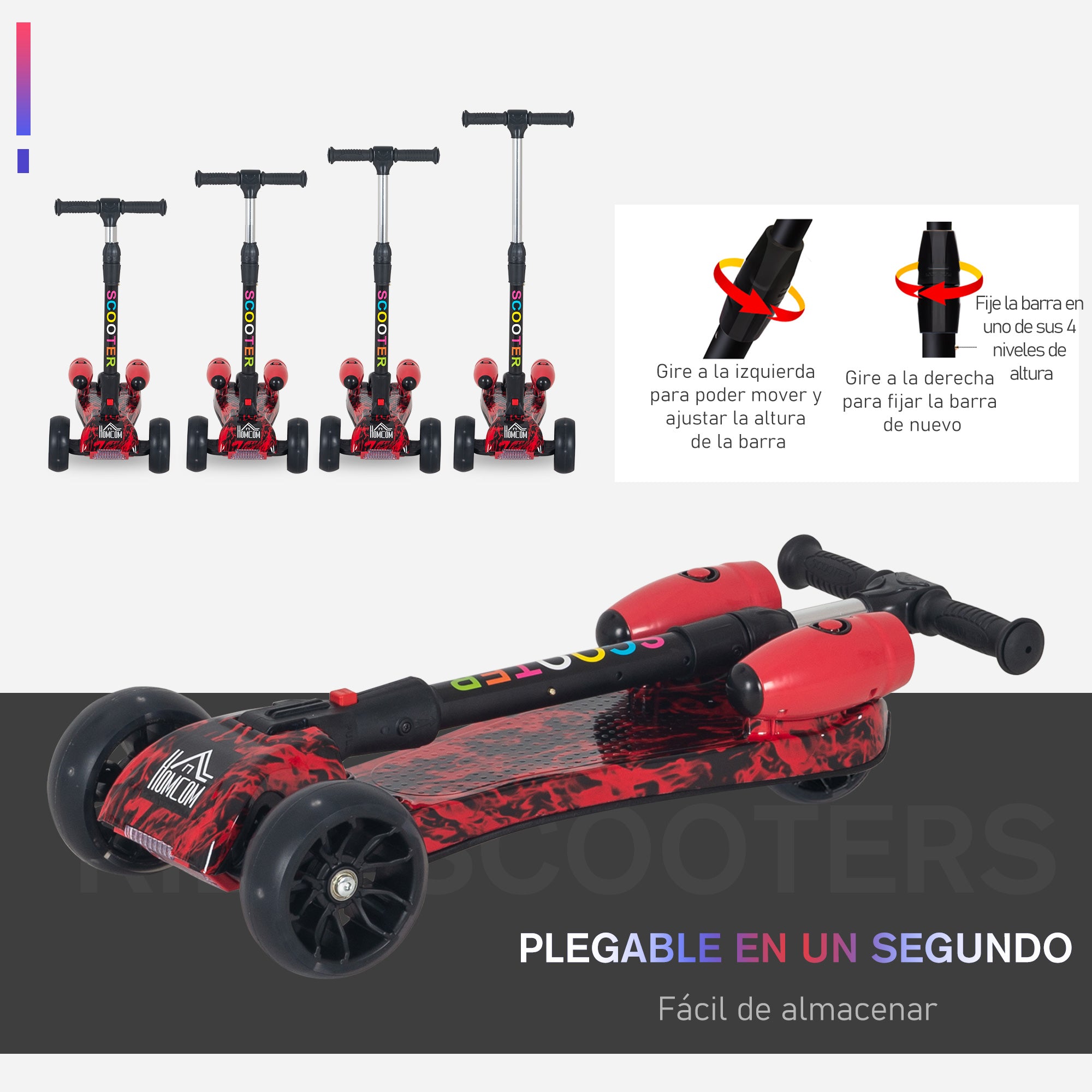 Trotinete Dobrável – 61x26x63-81 cm – Vermelho – PP e Metal