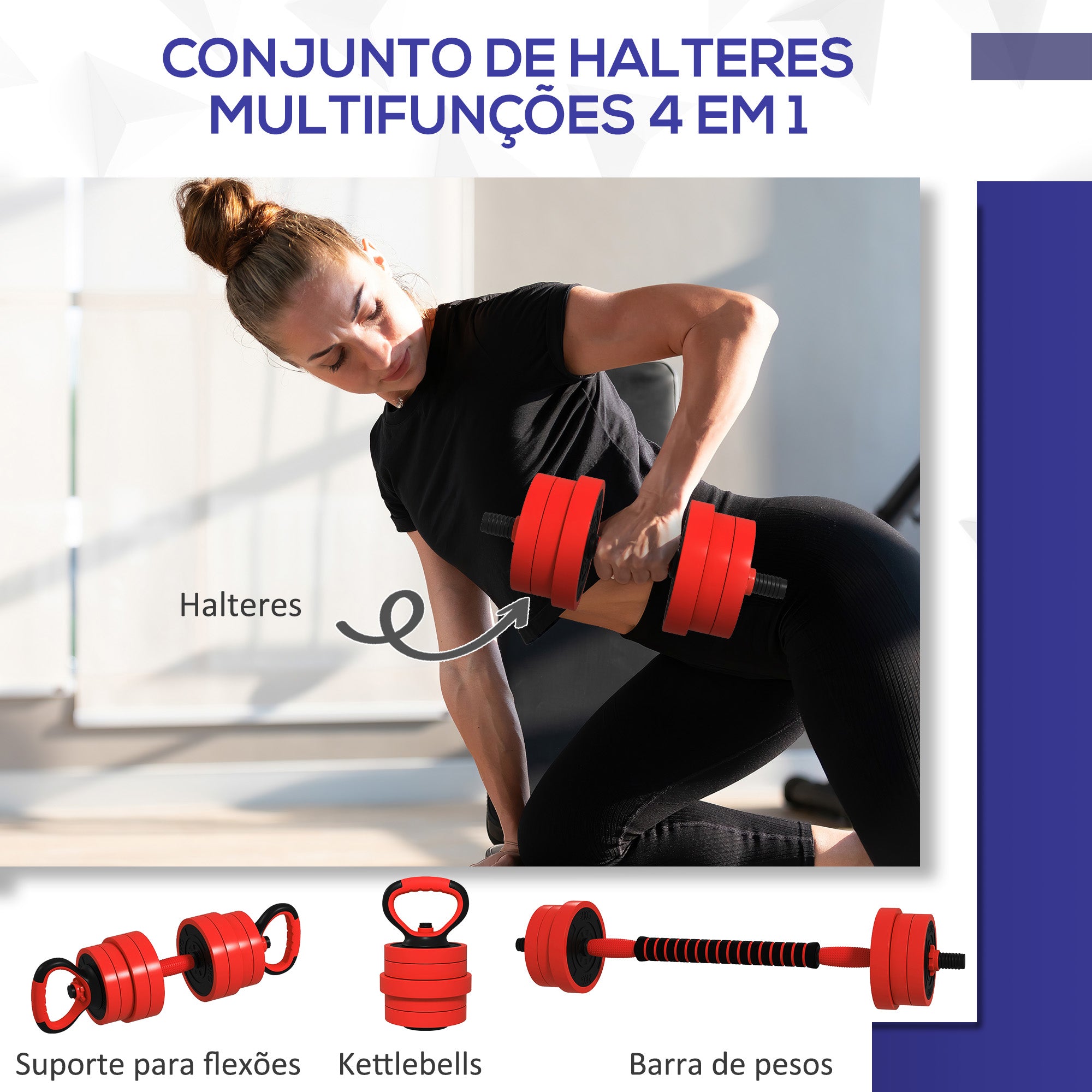 Conjunto de Halteres 20kg Vermelho 4 em 1 - 95x20x20 cm